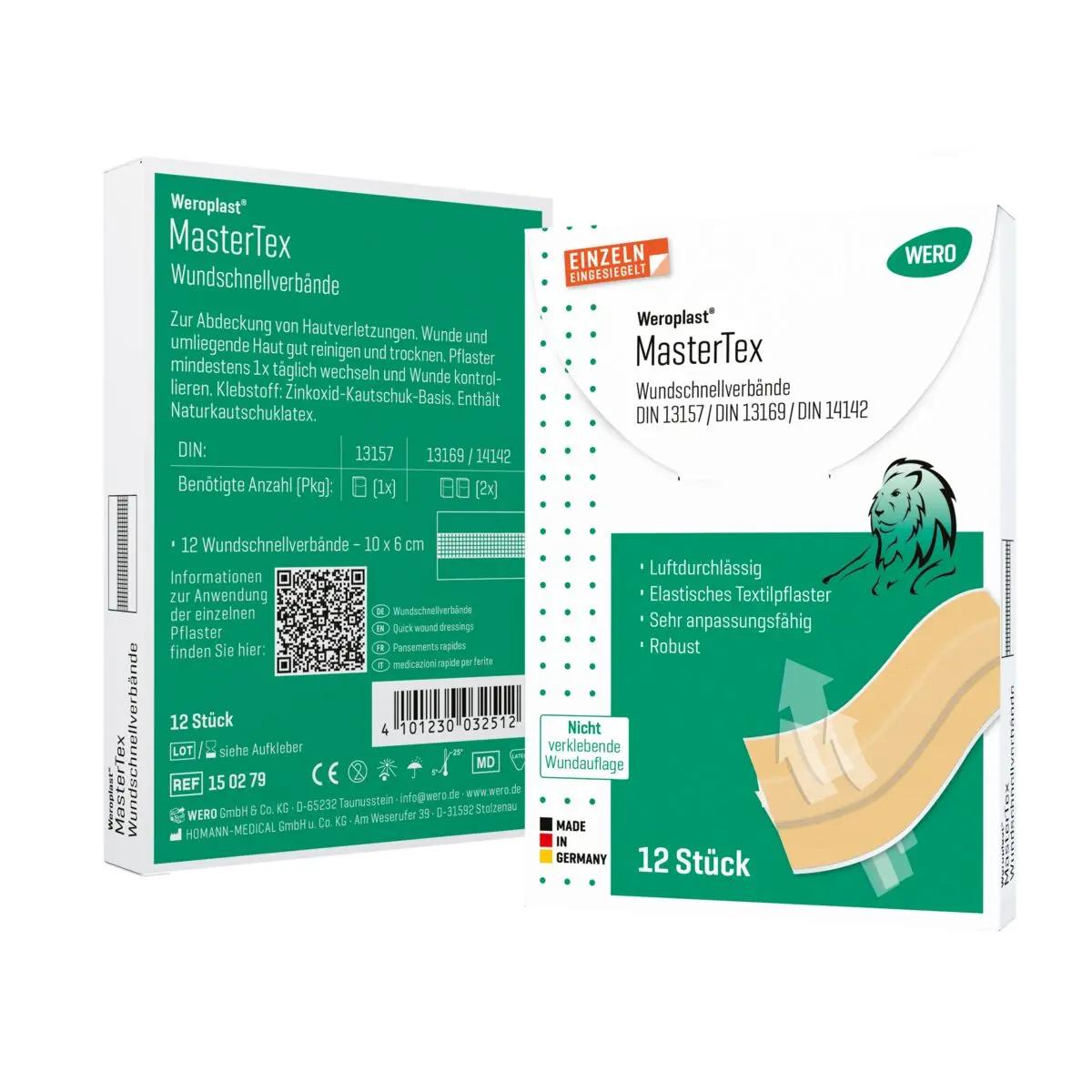 Zwei grün-weiße Weroplast MasterTex Wundschnellverbände-Boxen mit je 12 beigen Pflasterstreifen aus anpassungsfähigem, textilem Gewebe.