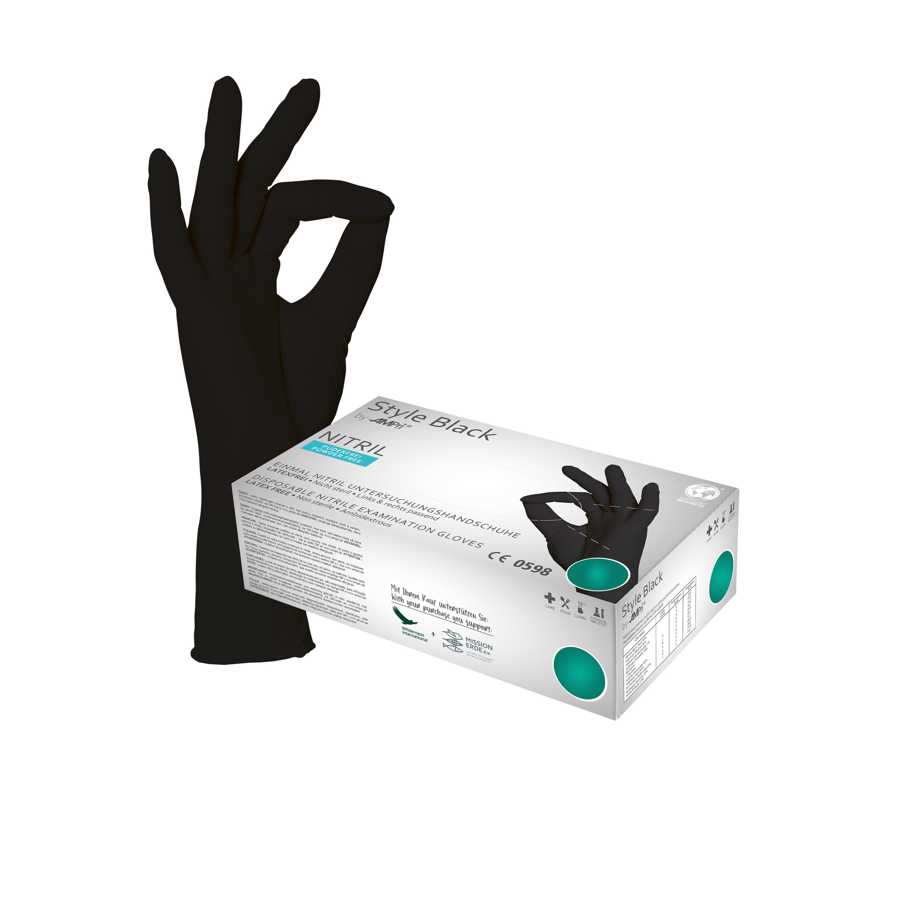 Einmal-Untersuchungshandschuh Style Black Nitril in XL, schwarz, wird getragen und als peace-sign gezeigt, Box mit Hinweis auf Widerstandsfähigkeit sichtbar.