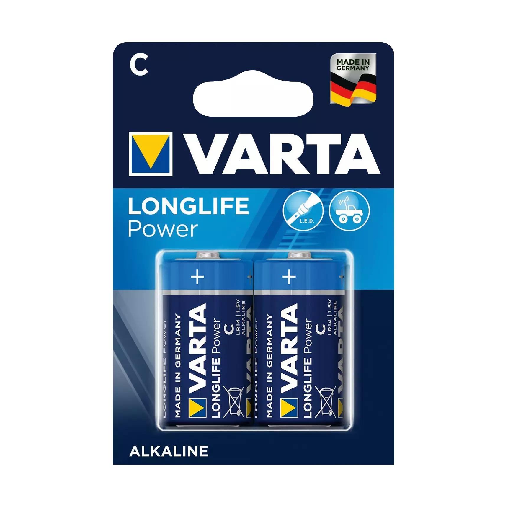 VARTA Longlife Power Baby LR14, 2 Stk in blauer Verpackung mit zwei sichtbaren Alkali-Batterien und gelb-blauem VARTA-Logo.