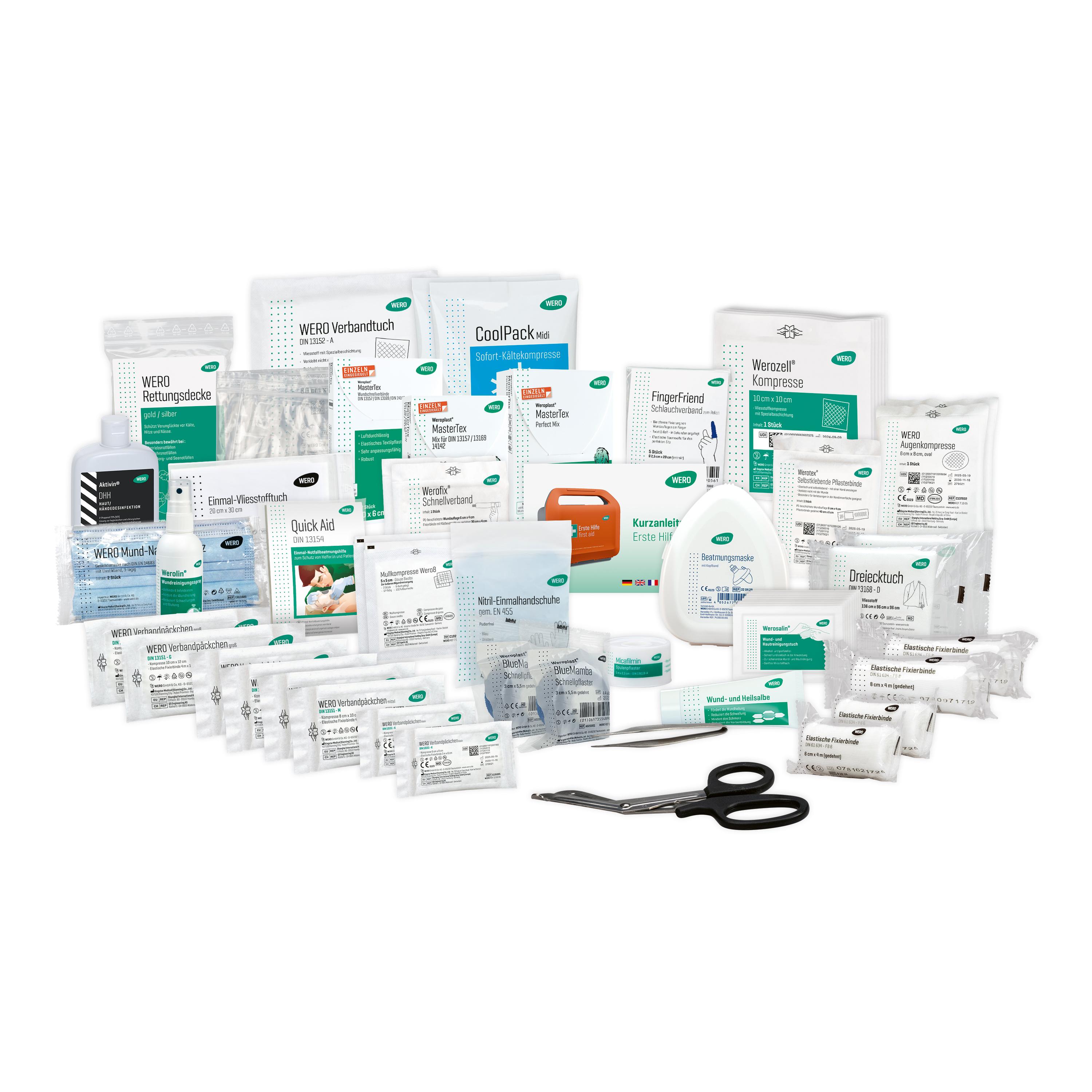 Mehrere medizinische Produkte der WERO Füllung DIN 13157 Allround Plus, darunter Schnellverband, selbstklebende Pflasterbinde und Finger-Schlauchverband, sind ordentlich angeordnet.