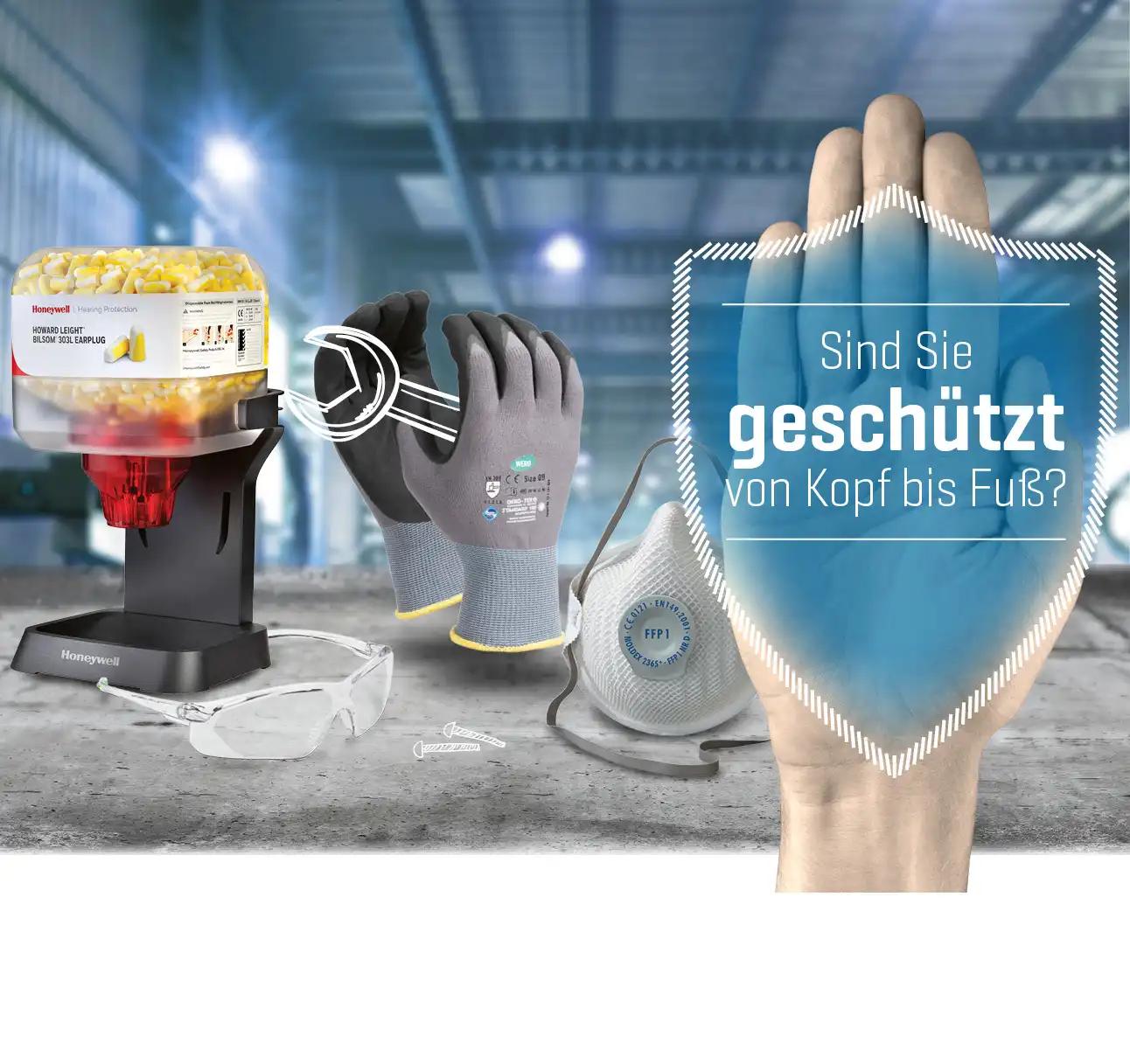 Übersicht Geschäftsfeld WERO Arbeitsschutz: Abbildung Spender für Gehörschutzstöpsel, Handschuhe, Atemschutzmaske. Schriftzug "Sind Sie geschützt von Kopf bis Fuß?"