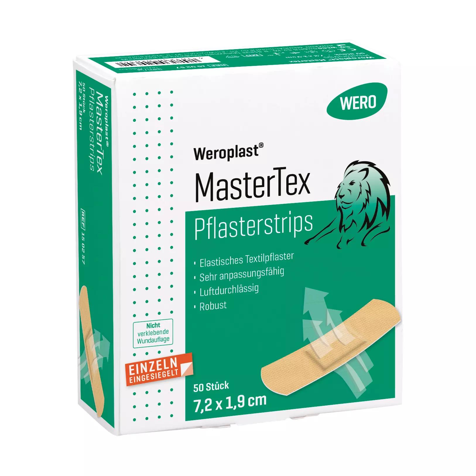 Eine aufrecht stehende Packung Pflasterstrips Weroplast® MasterTex - 1,9 cm, 50 Stk mit grünem Löwenmotiv, textiler Anpassungsfähigkeit und angenehmem Tragegefühl.