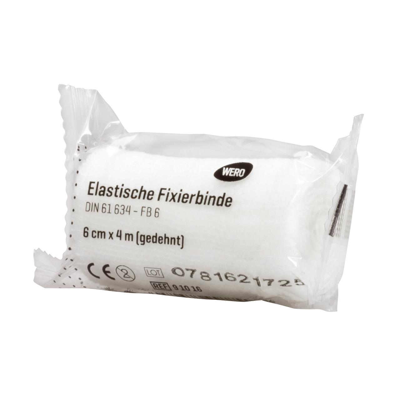Eine in transparenter Folie verpackte Mullbinde Elastische Fixierbinde DIN 61634, 6 cm breit, flexibel, weich und luftdurchlässig.