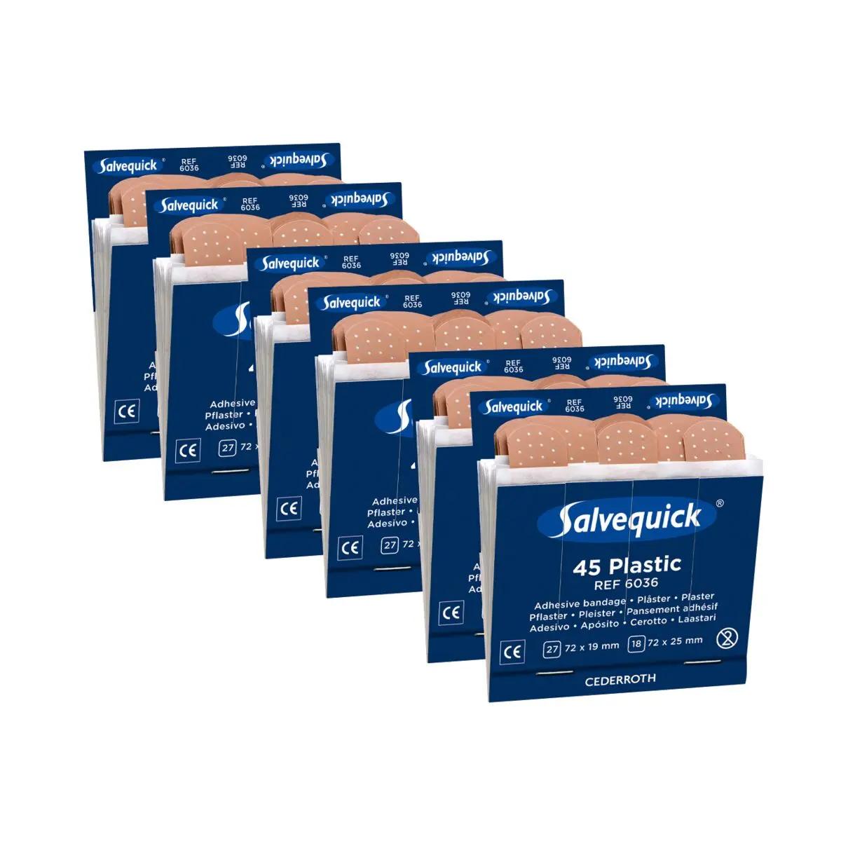 Sechs gleich große Salvequick® Pflasterstrips, wasserabweisend, Refill 6036 Boxen mit je vier beigefarbenen Pflasterstrips nebeneinander angeordnet.