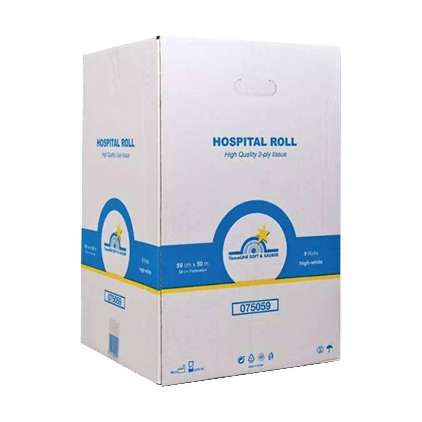 Ärztekrepp - 59 cm Rolle mit blauem Streifen, hygienisch, reißfest aus Zellstoff, steht aufrecht mit Tragegriff und Produktlabel.