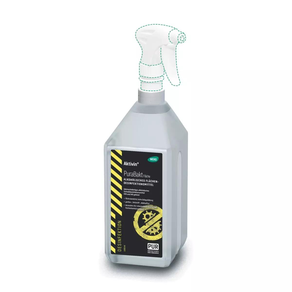 Weiße 1-Liter-Flasche Flächendesinfektion Aktivin® PuraBakt mit schwarzem Etikett, Warnsymbol und Desinfektionstext, grüner Sprühdüsenumrandung.