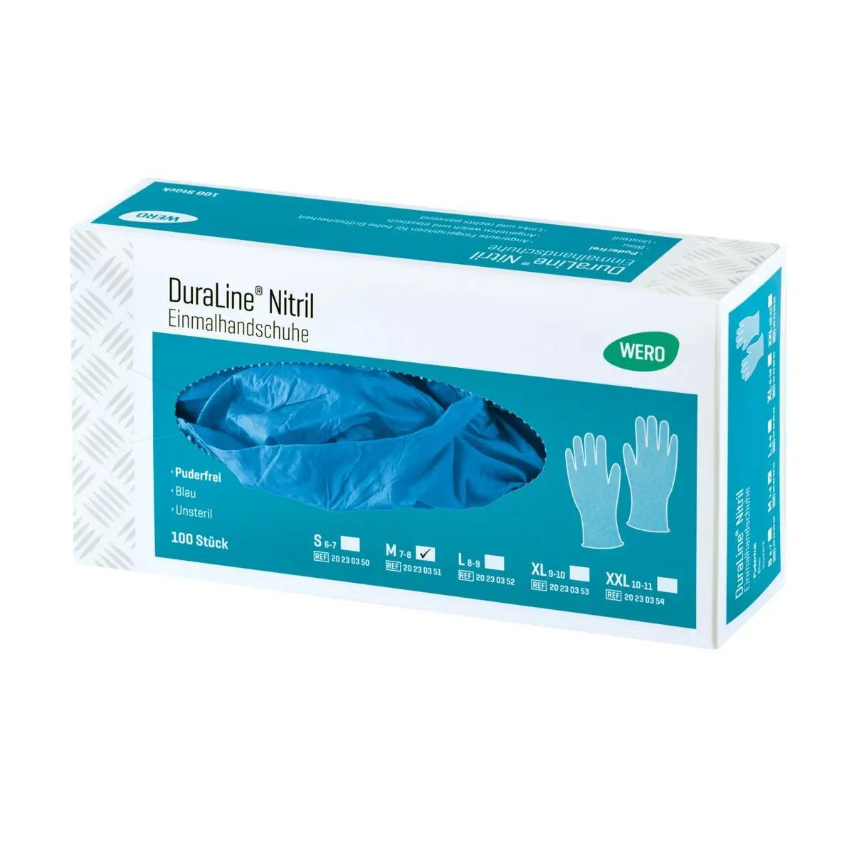 Auf dem Bild ist eine Box WERO DuraLine® Nitril Einmal-Untersuchungshandschuhe mit griffsicheren, angerauten Fingerspitzen, hohem Tragekomfort und allergiearmen Material zu sehen.