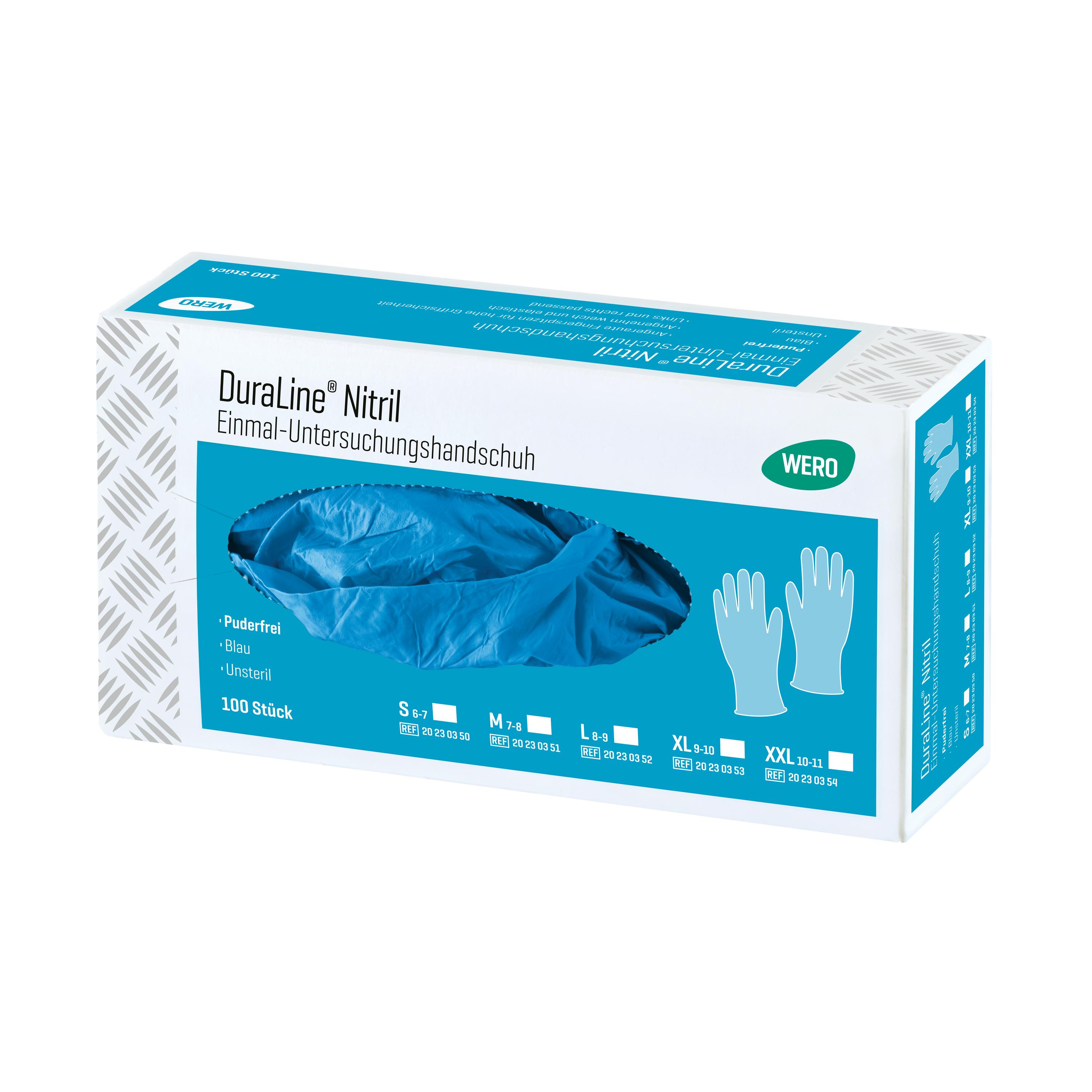 Auf dem Bild ist eine Box WERO DuraLine® Nitril Einmal-Untersuchungshandschuhe mit griffsicheren, angerauten Fingerspitzen, hohem Tragekomfort und allergiearmen Material zu sehen.