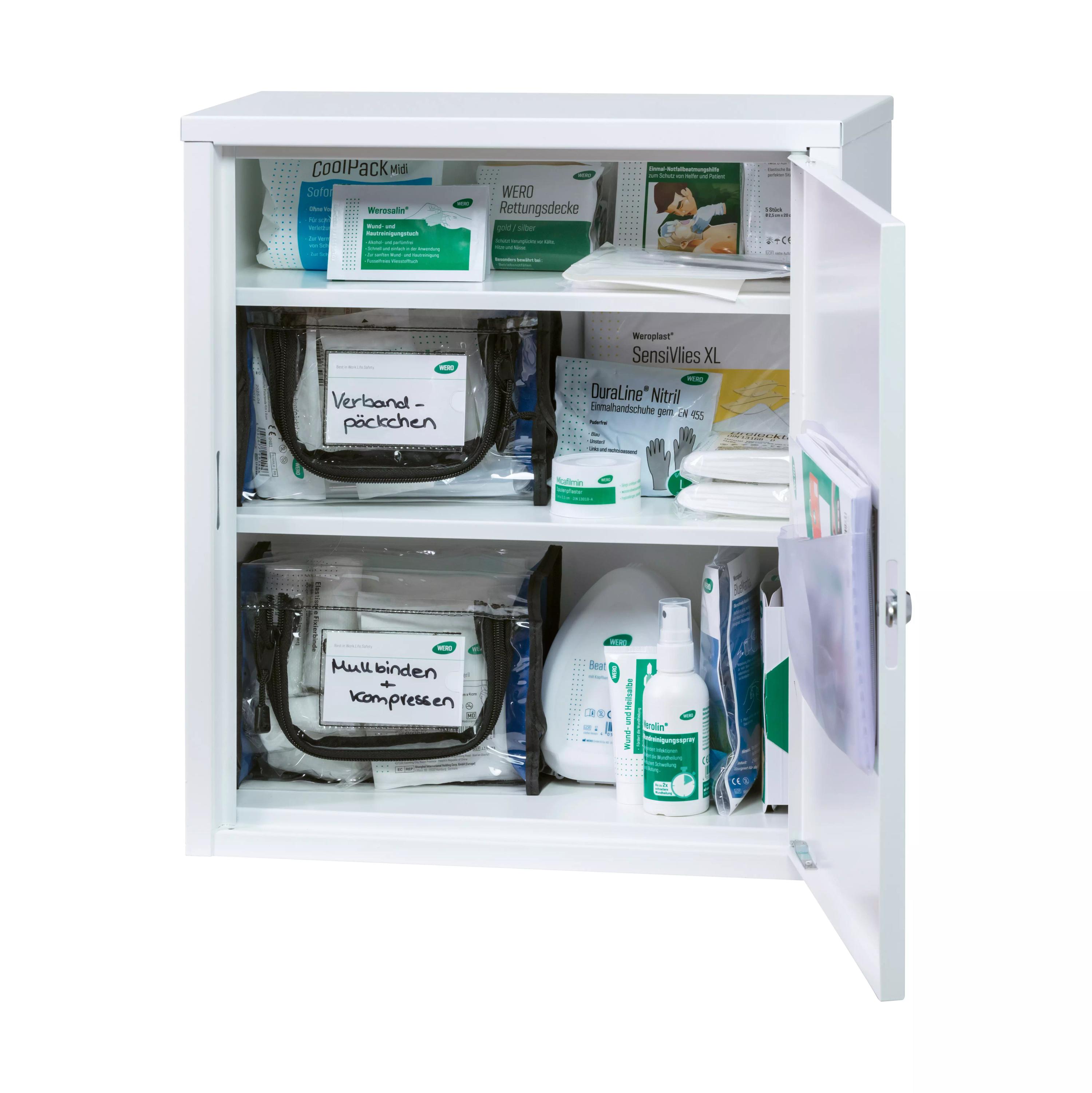 Weißer WERO Verbandschrank MidiTrio 200 mit drei Fächern, bestückt mit Werofix® Schnellverband, Werotex® Pflasterbinde und WERO FingerFriend.