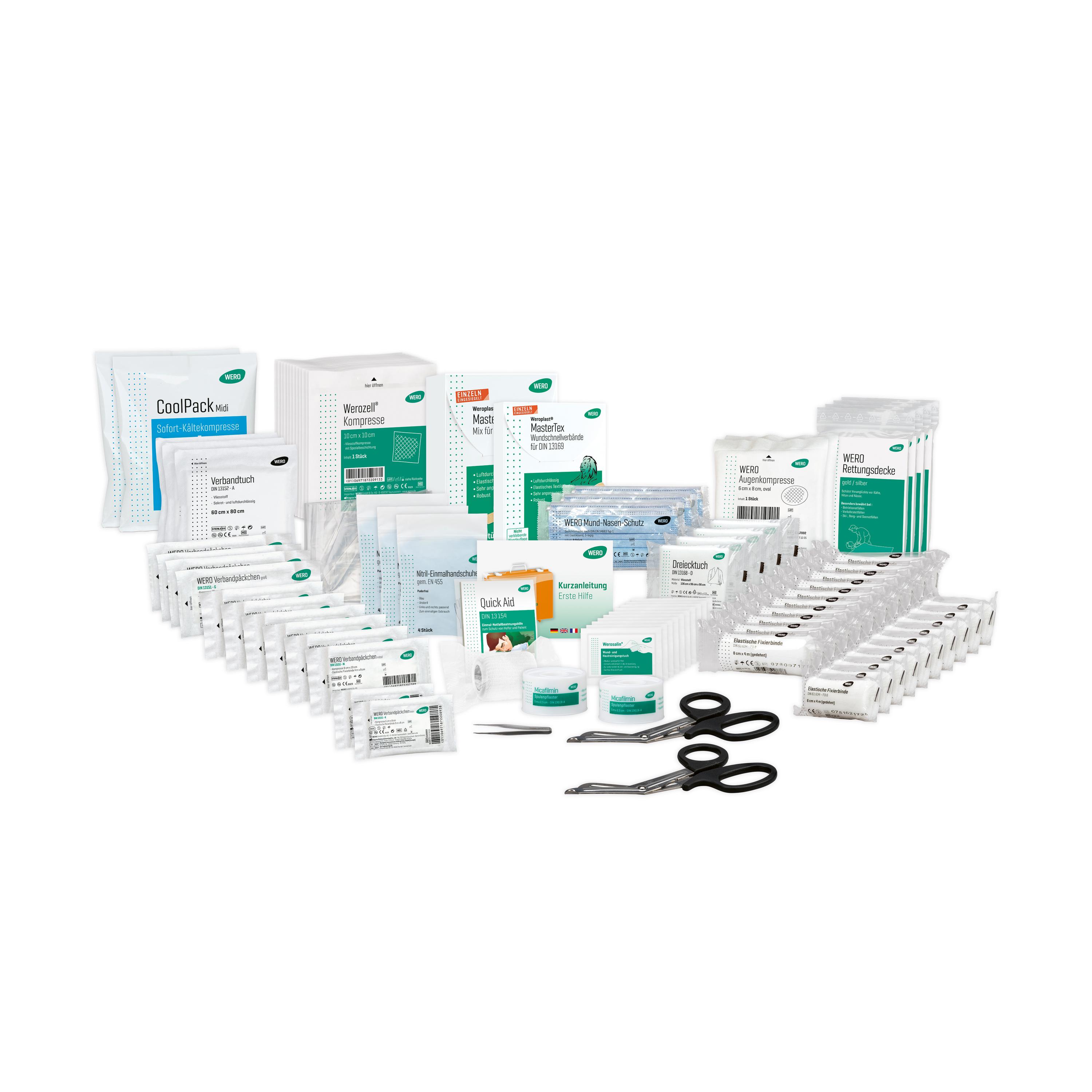 WERO Basis Füllung DIN 14142 für Feuerwehr, RTW, KTW mit Pflaster, Verbänden, Alkoholtupfern, Schere und Pinzette ordentlich arrangiert.