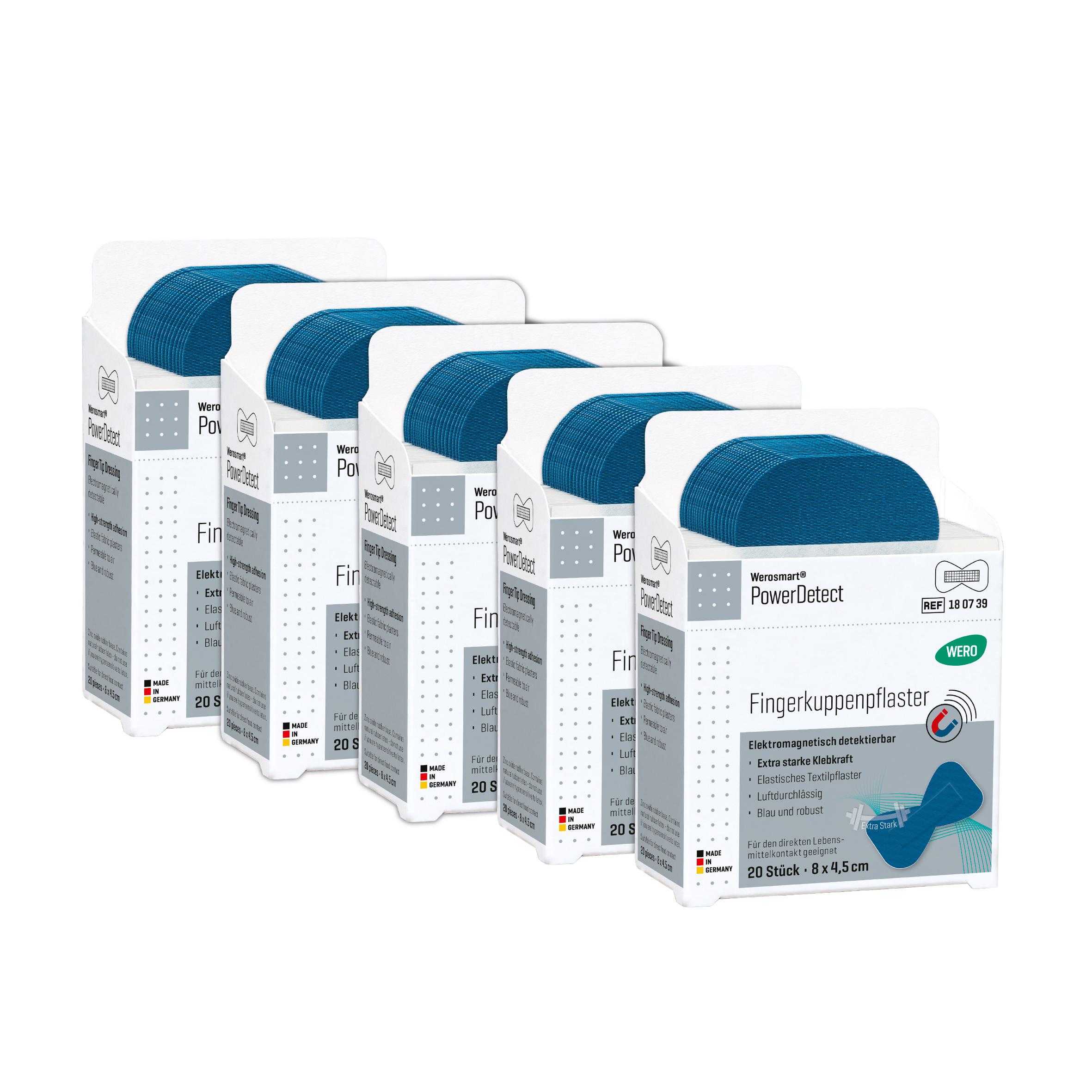 Fünf identische Werosmart® PowerDetect Pflasterspender-Einsätze Fingerkuppenpflaster in blau-grauen Boxen mit 8 cm Pflastern ordentlich nebeneinander angeordnet.