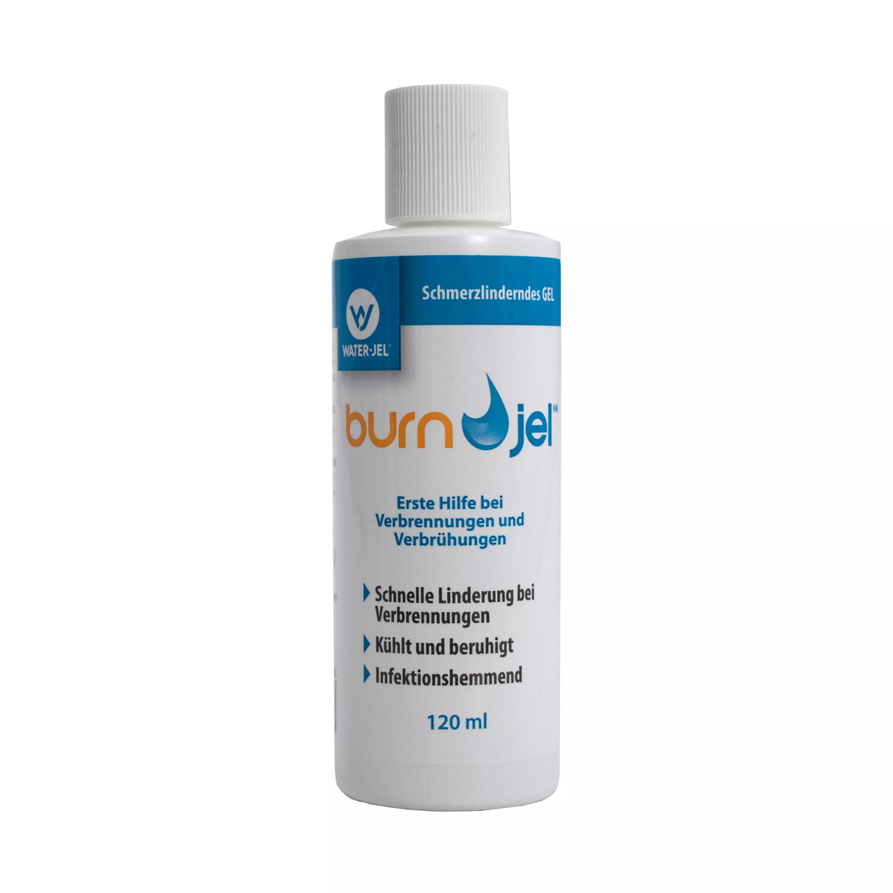 Weiße Flasche BURN JEL - Kühlendes Gel bei Verbrennungen, 120 ml, mit blauem Deckel und zweisprachigem Etikett, steht aufrecht.
