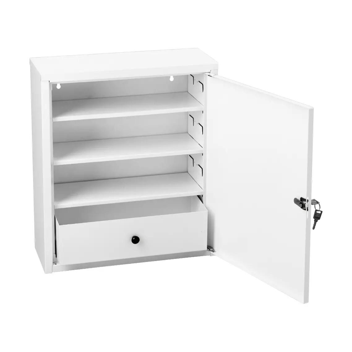 WERO Verbandschrank Midi Xtra 222 aus Metall mit drei verstellbaren Einlegeböden, einer Schublade und offenem Türfach mit Schließmechanismus.