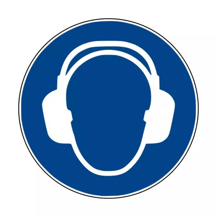 Weißes Kopfhörer-Symbol auf blauem runden Schild kennzeichnet das Gebotszeichen: Gehörschutz benutzen – Folie, aus Kunststoff PVC, Ø 200 mm.