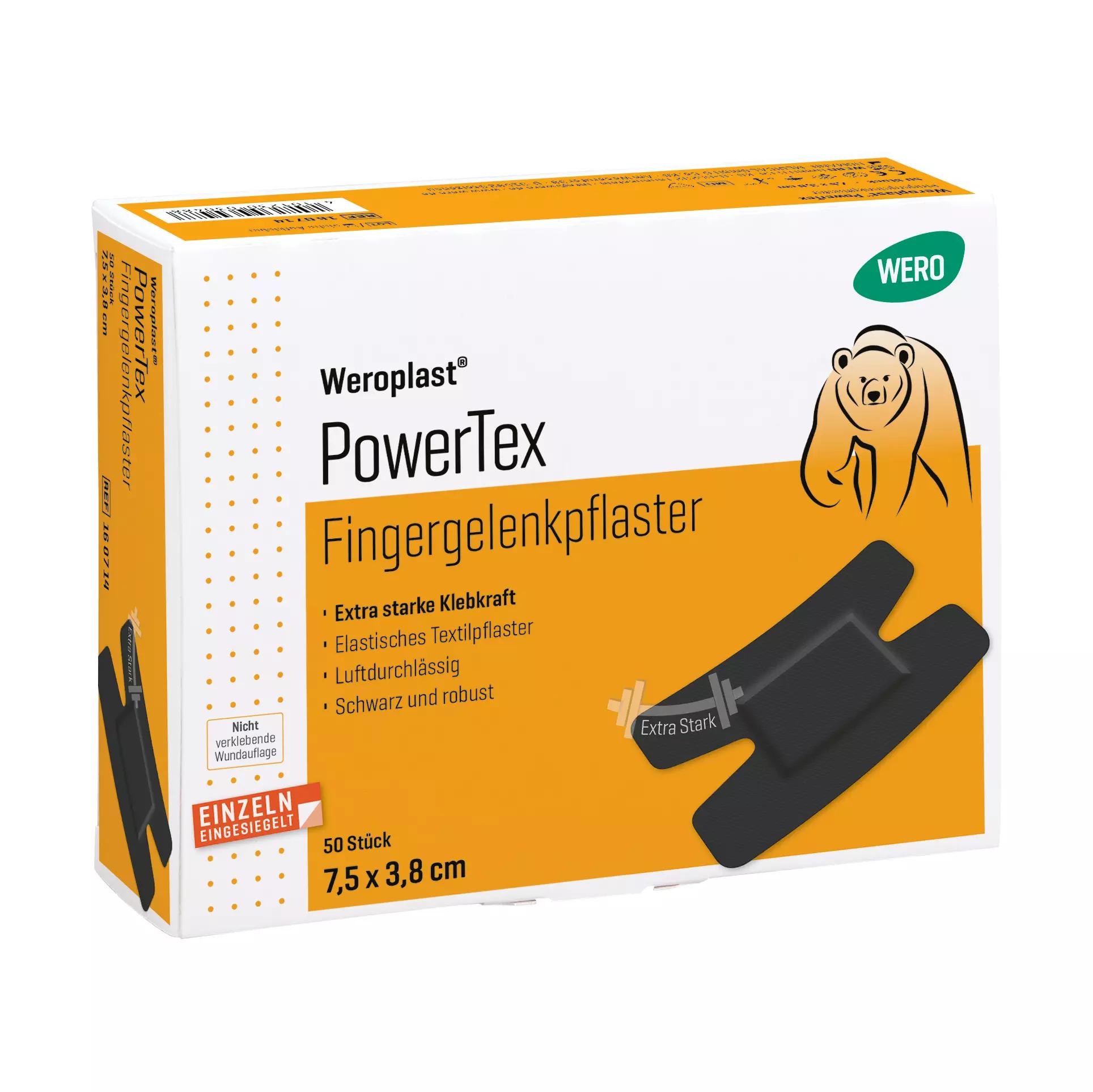 Aufrecht stehende Verpackung vom Fingergelenkpflaster Weroplast® PowerTex, mit extra starker Klebkraft, schwarzes Gewebe und Gelenkaussparung.