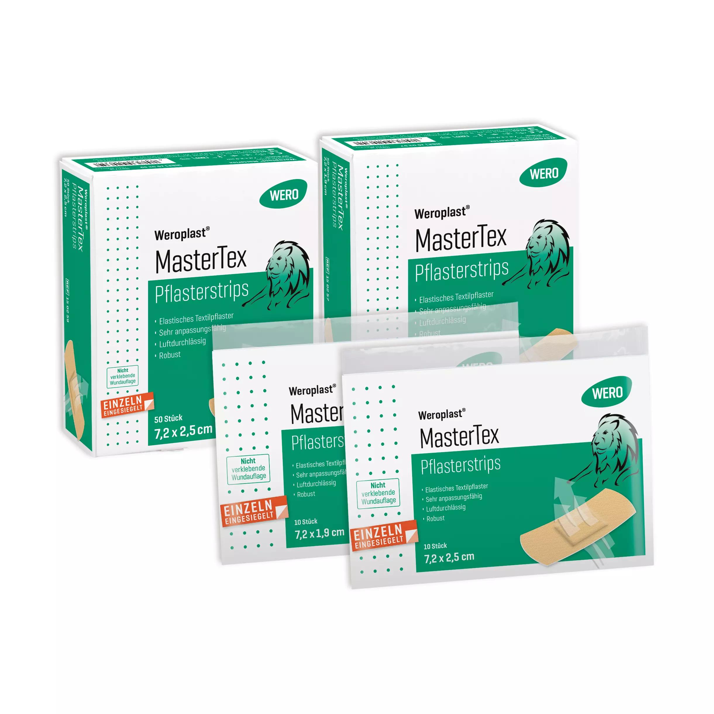 Vier grün-weiße Boxen Pflasterstrips Weroplast® MasterTex - 2,5 cm, 10 Stk mit aufgedrucktem Löwenmotiv, nebeneinander arrangiert.
