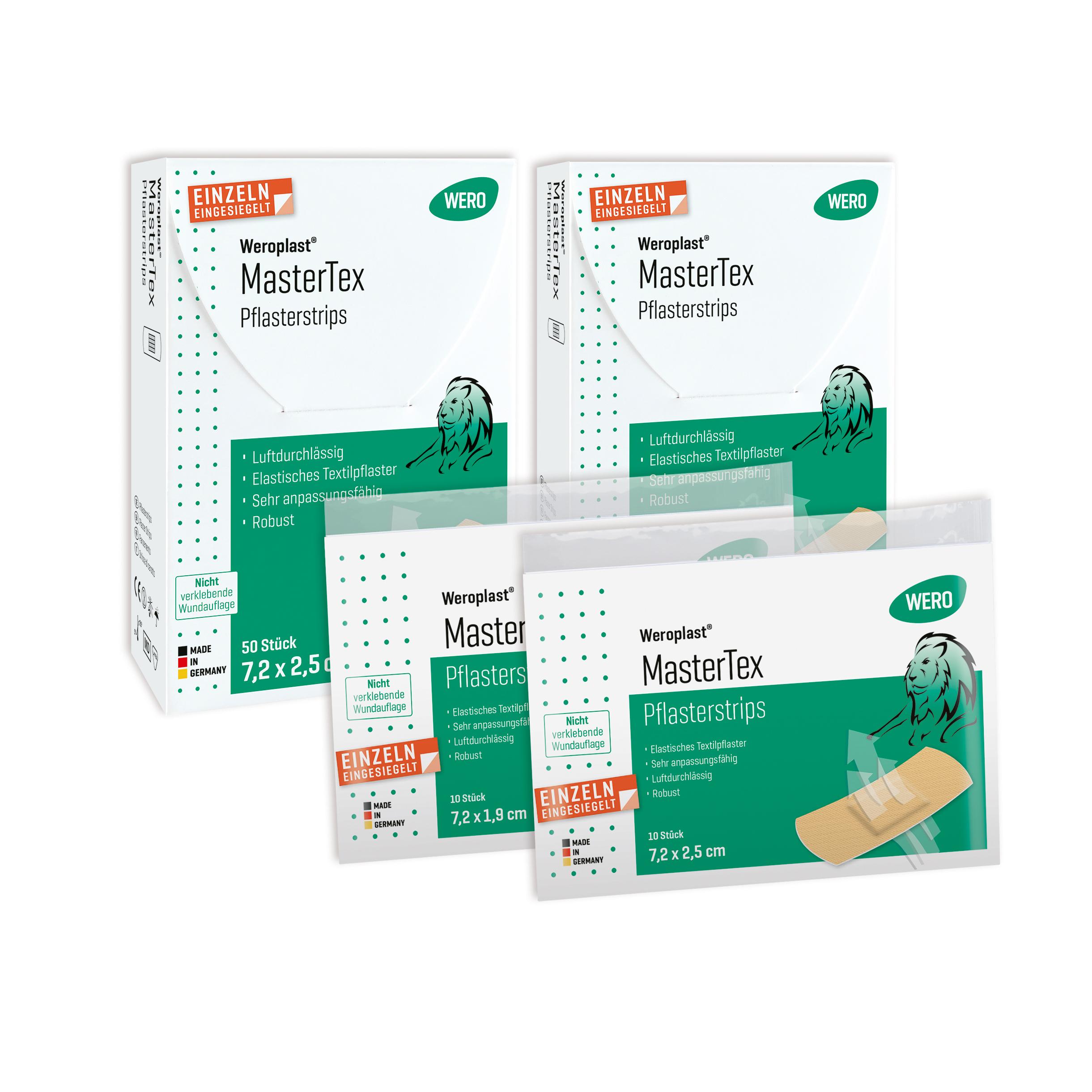 Vier grün-weiße Boxen Pflasterstrips Weroplast® MasterTex - 2,5 cm, 10 Stk mit aufgedrucktem Löwenmotiv, nebeneinander arrangiert.