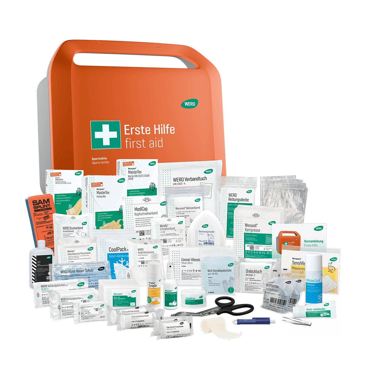 Offener Erste-Hilfe-Kasten mit Verbänden, Pflastern, Antiseptiktüchern, Mull, Schere und Alkoholtupfern