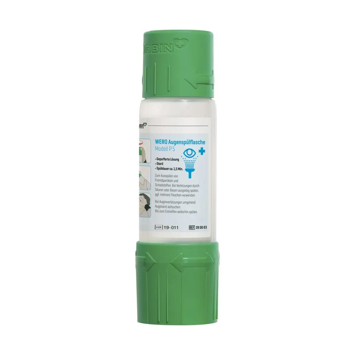 Weiße WERO Augenspülflasche Modell P 5 mit grüner Kappe, ergonomischem Augenstützring und gepufferter, steriler Lösung für schonende Augenspülung.