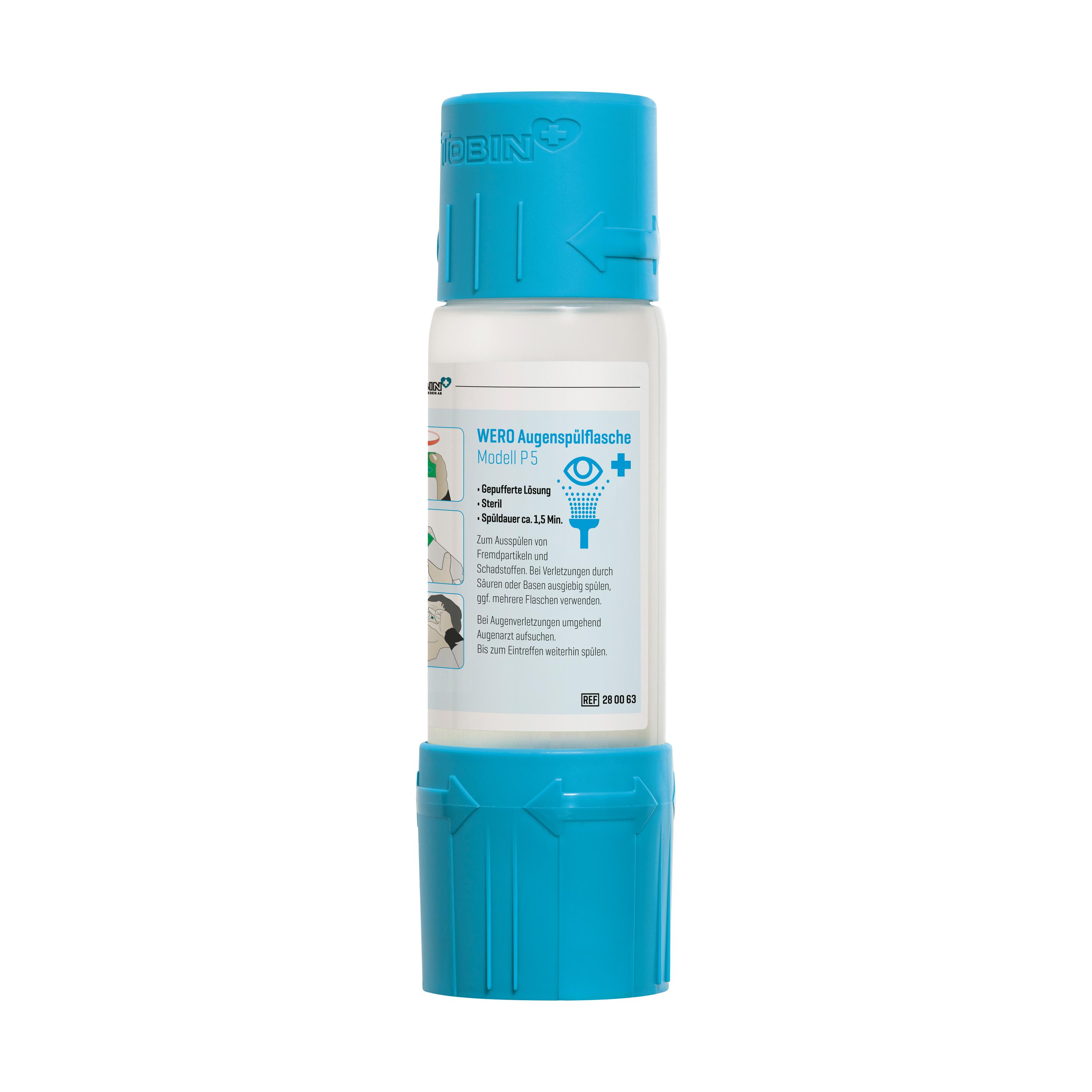 Weiße WERO Augenspülflasche Modell P 5 mit grüner Kappe, ergonomischem Augenstützring und gepufferter, steriler Lösung für schonende Augenspülung.