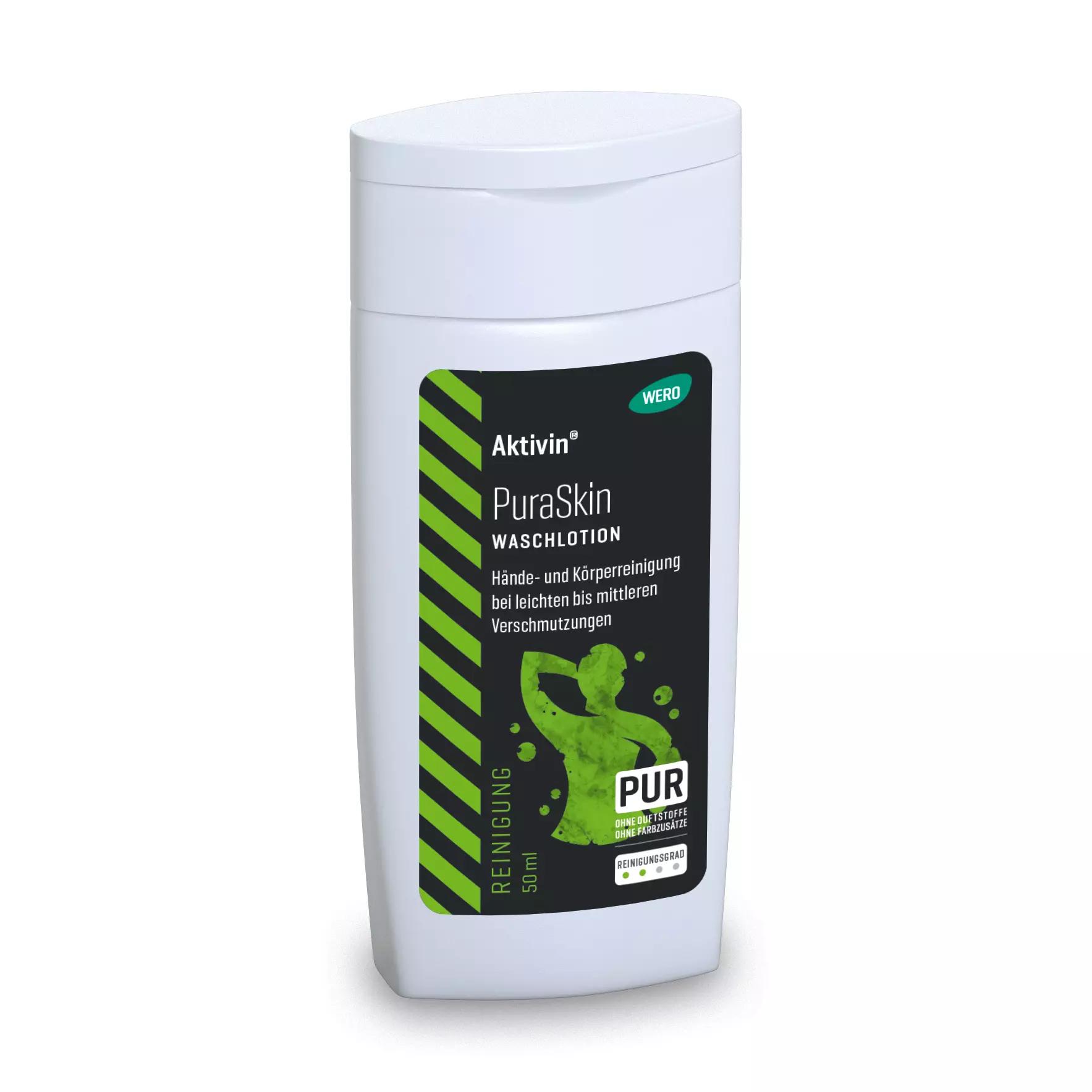Weiße Flasche Waschlotion Aktivin® PuraSkin - Probiergröße, 50 ml, mit grüner, parfüm- sowie farbstofffreier Etikettierung und Flip-Top-Deckel.