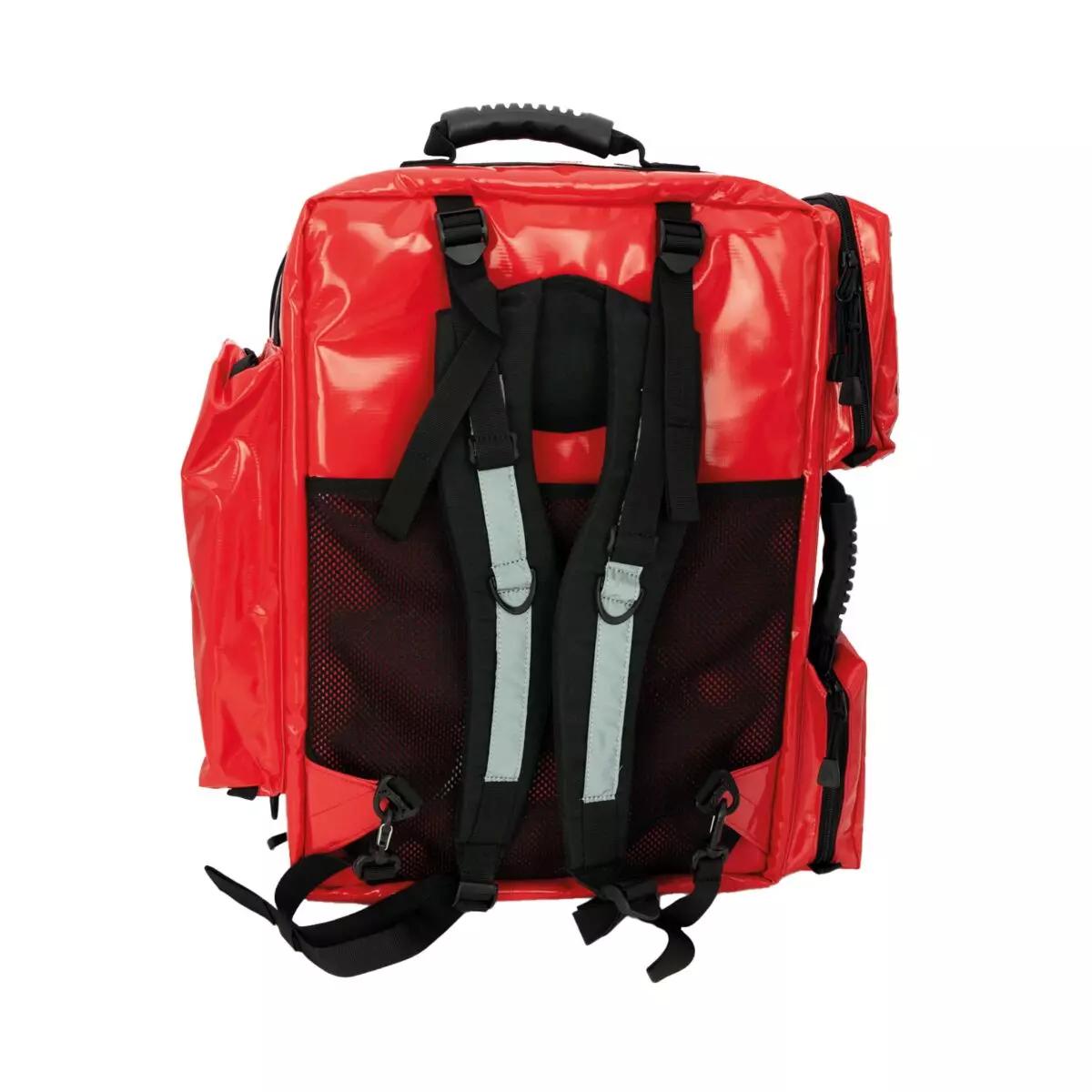HAN-LIFE Rettungsrucksack PARAMEDIC PLUS in Rot aus PVC-beschichtetem Polyester mit zwei Hauptfächern, Mesh-Tasche hinten und schwarz verstellbaren Gurten.