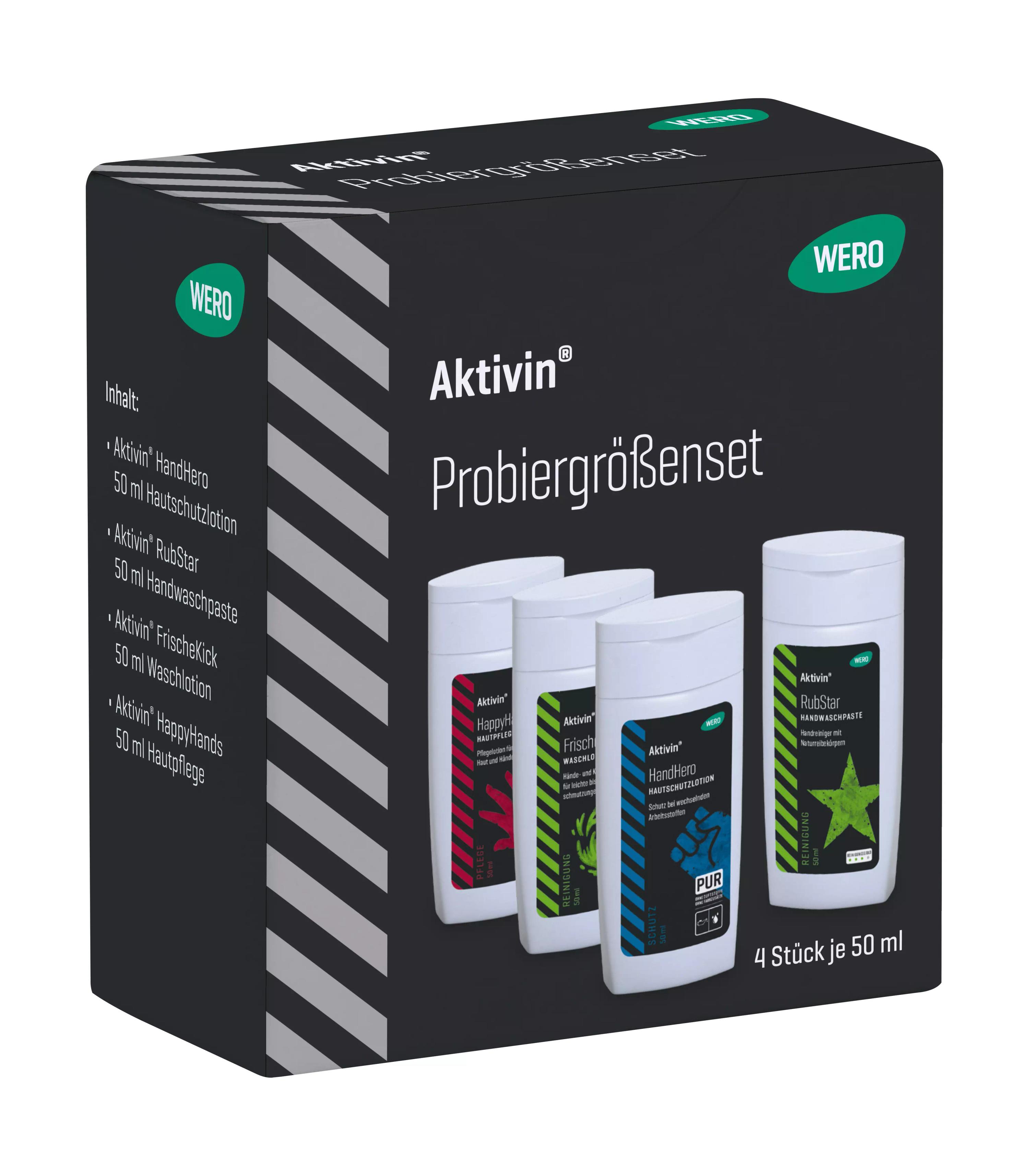 Vier unterschiedlich farbige Fläschchen des Aktivin® Probiergrößenset, 4x 50 ml, in schwarzer Box mit Produktnamen und "WERO" Logo sichtbar angeordnet.