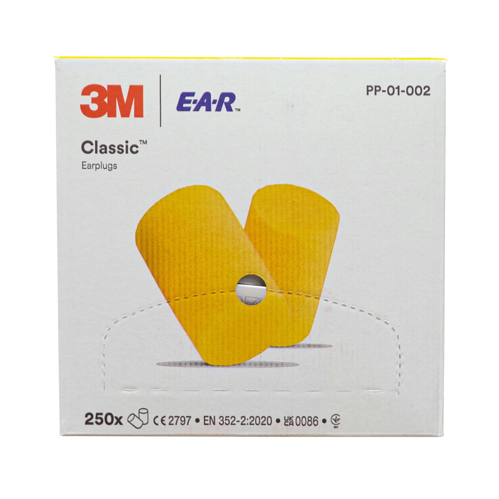Weiße Box 3M E-A-R Classic Gehörschutzstöpsel in Einwegspenderbox mit 250 Paar gelben Ohrstöpseln, SNR 28 dB, Universalgröße