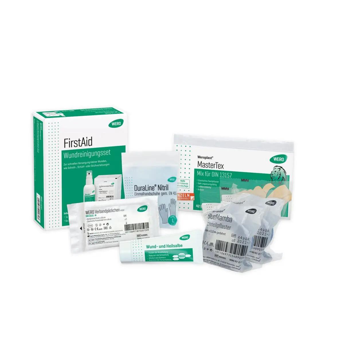 WERO ABC der schnellen Wundheilung Set mit Wundreinigungsset, elastischen Pflastern, Verbandpäckchen und Wund- und Heilsalbe sortiert angeordnet.