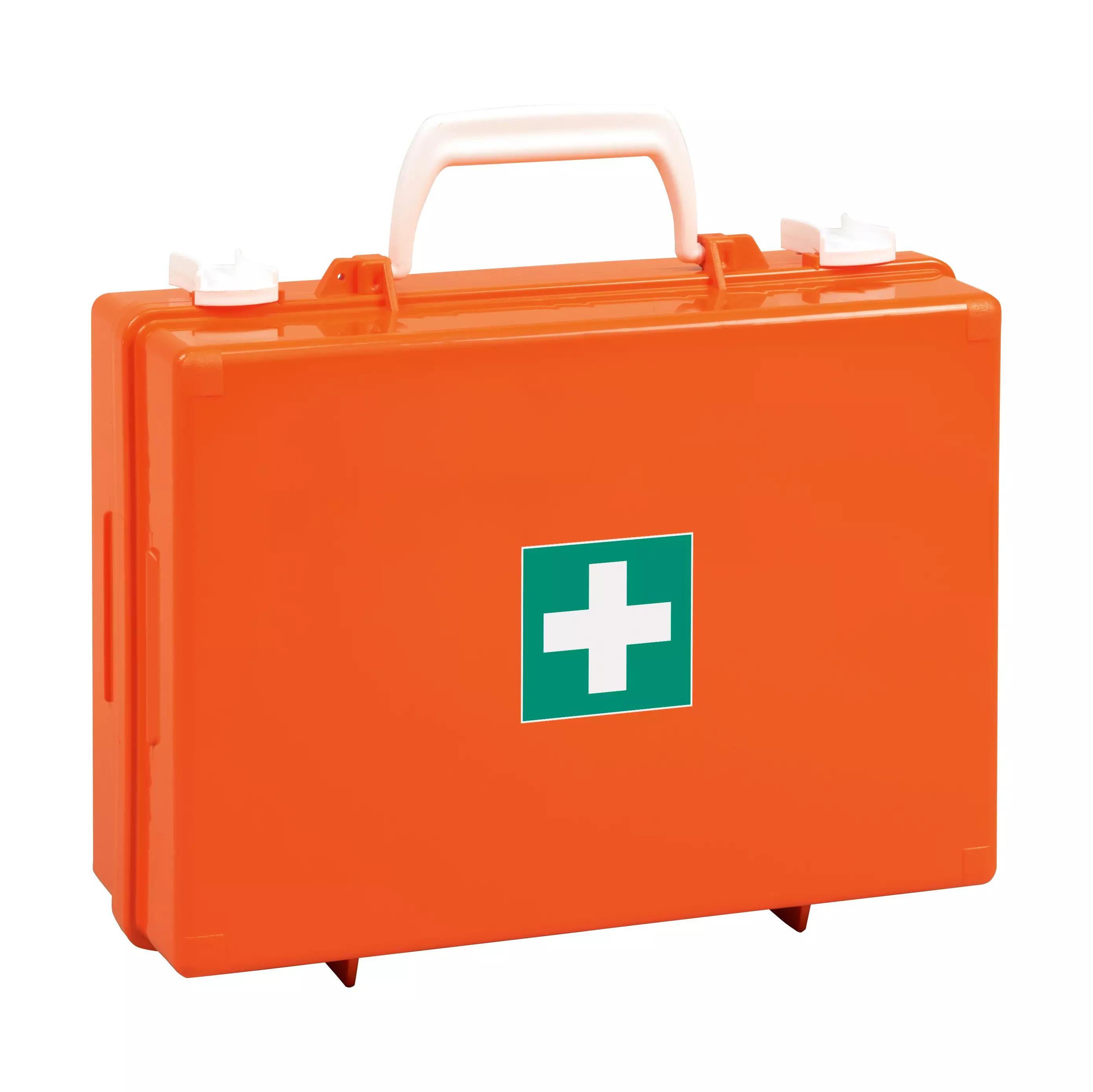 Orangefarbener Werotop® Erste Hilfe Koffer 350 mit weißem Griff und grünem Kreuz auf der Front, stabil stehend und geschlossen.