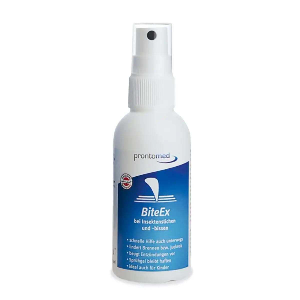 Weiße Flasche Sprühgel BiteEx – bei Insektenstichen und -bissen, 75 ml, mit silbernem Sprühkopf und blauem Etikett mit rotem Logo.