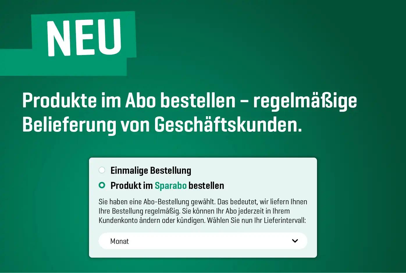 Webseite mit Formular zur Bestellung von Produkten im Abo für Geschäftskunden, Titel "NEU", Checkbox und Monatseingabe sichtbar