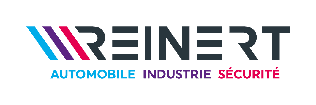 REINERT Logo mit buntem Farbverlauf und Slogan „AUTOMOBILE INDUSTRIE SÉCURITÉ“