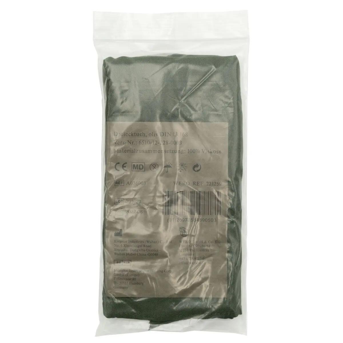 Dunkelgrünes B-Ware Dreiecktuch (Armtragetuch) oliv DIN 13168 mit strukturiertem Stoff, nicht gleichschenklig, in transparenter Verpackung mit Etikett.