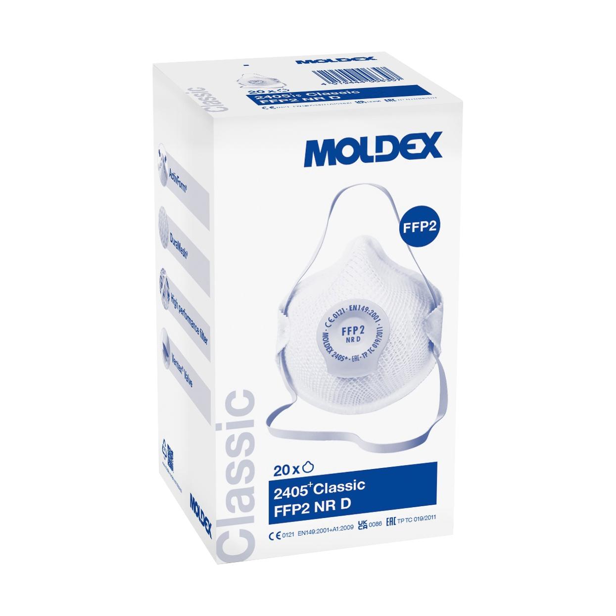 Stehende Verpackung MOLDEX Atemschutzmasken, 20 Stk - FFP2, mit DuraMesh® Außenstruktur, ActivForm® Design und Rundumbebänderung sowie Maskenabbildung.
