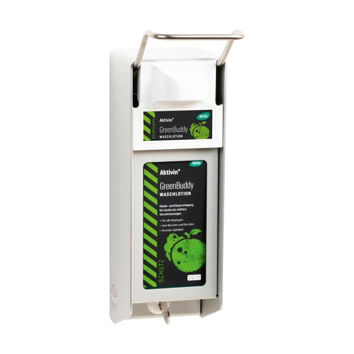Weiß-grüner ALU-Direktspender für Flüssigseifen und Lotionen, mit kurzem Bedienhebel und 500 ml Tank, trägt Apfelgrafik und Markenlogo.