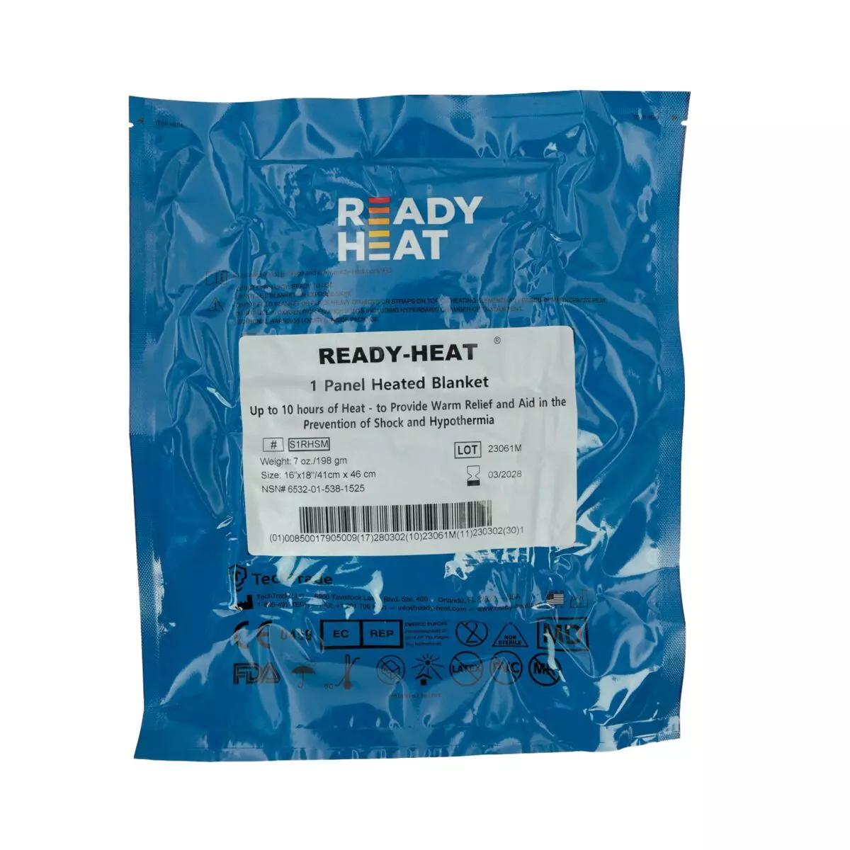 Eine stehende, blaue Packung Ready-Heat™ - 1-Element-Decke mit luftdichtem Folienbeutel und weißem Etikett, zur Wärmeversorgung bis 6 Stunden.