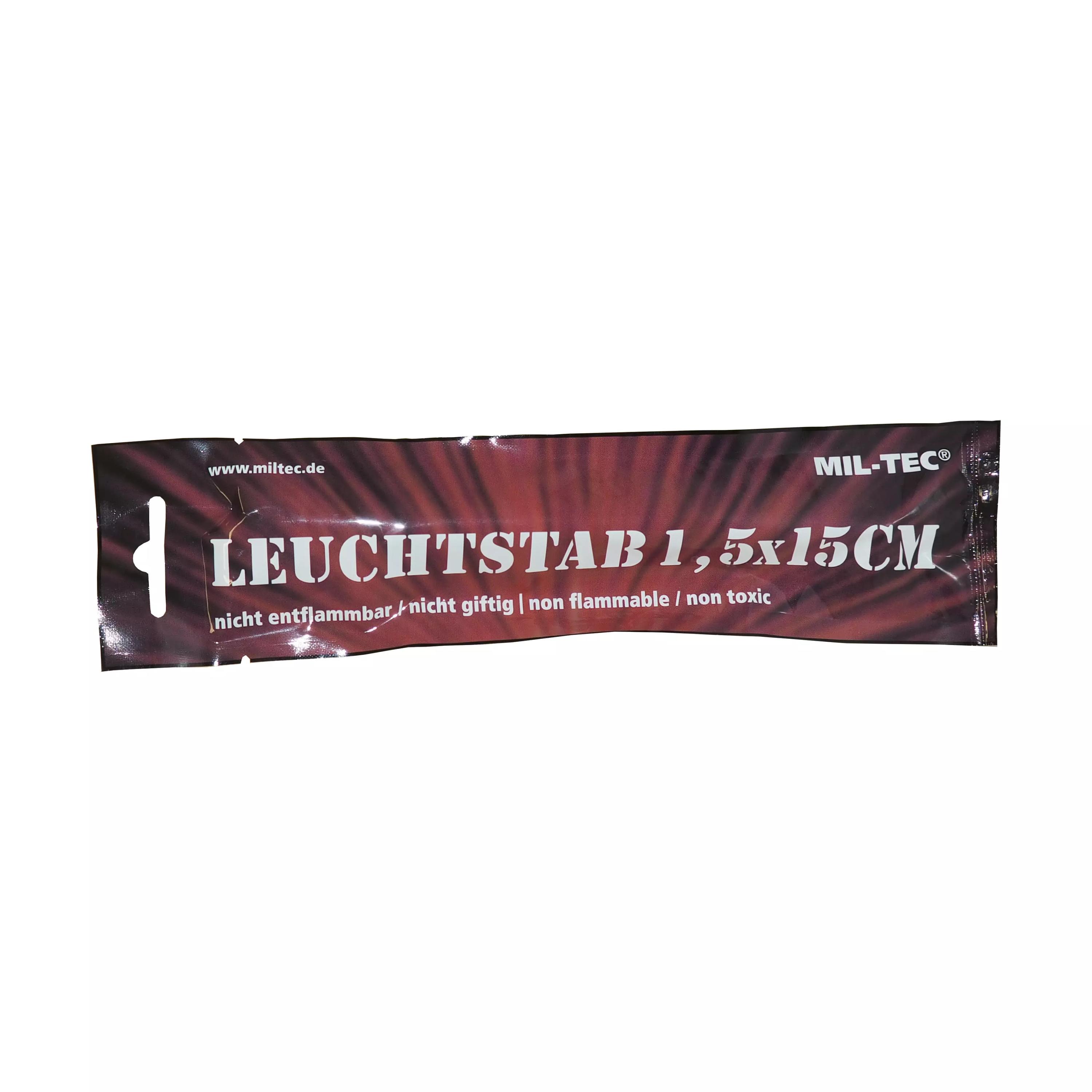 Ein einzelnes, originalverpacktes Mil-Tec® Knicklicht/Leuchtstab - Blau liegt mit auffälligem rot-schwarzem Design und weißem Schriftzug flach.