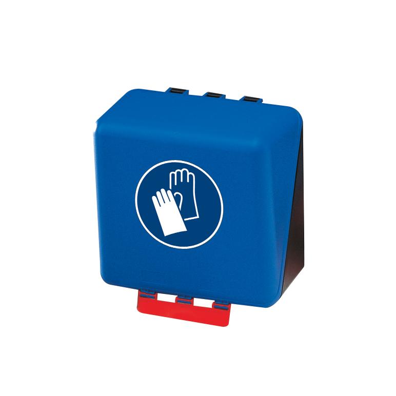 Eine blaue SecuBox® Aufbewahrungsbox für Schutzhandschuhe - Midi aus ABS-Kunststoff mit rotem Griff und Hand-Symbol auf der Vorderseite.