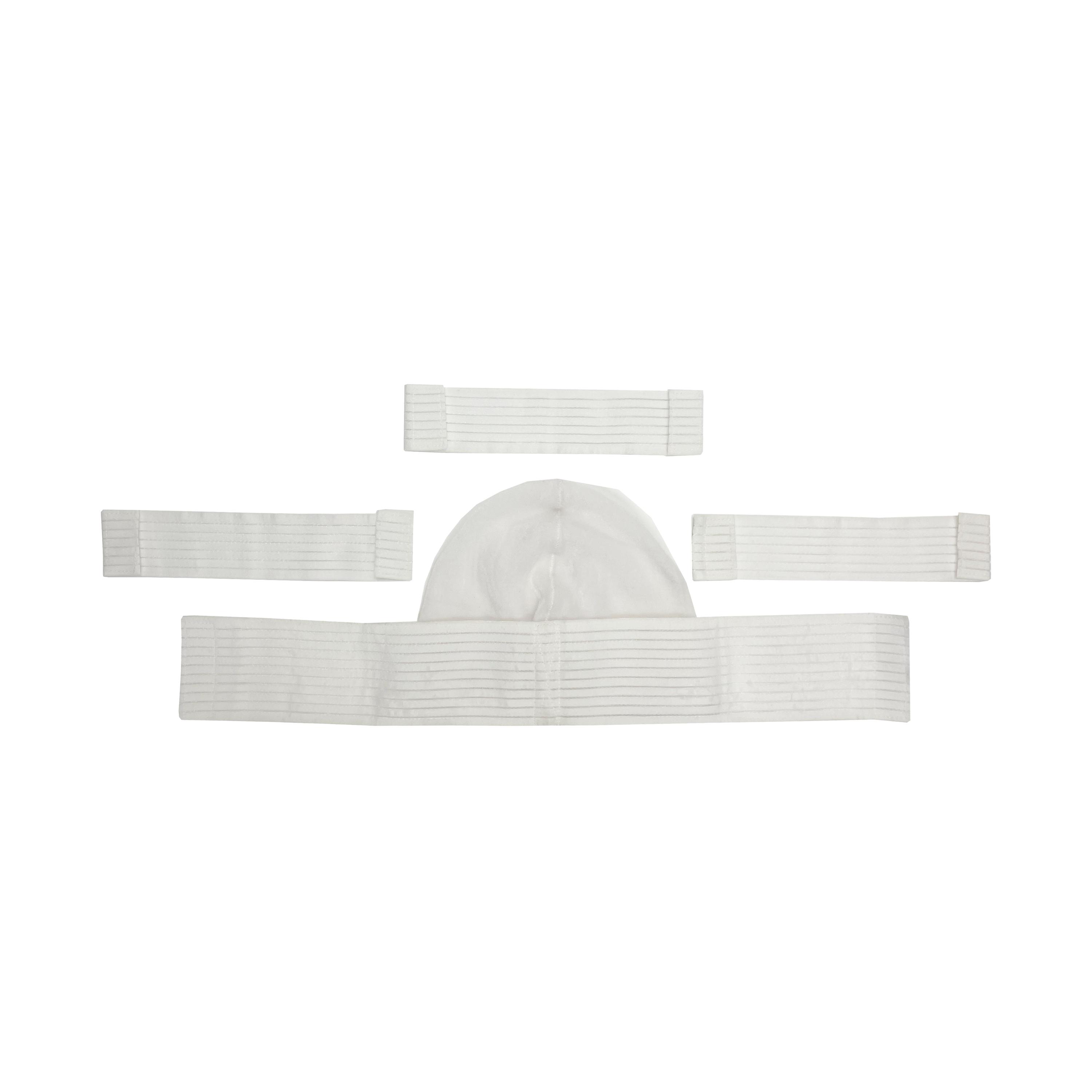 Rescue Essentials® Trauma Cap mit weißem, geripptem Zentralband und vier modular angeordneten, elastischen Seitenbändern mit sichtbarer Mittelnaht.