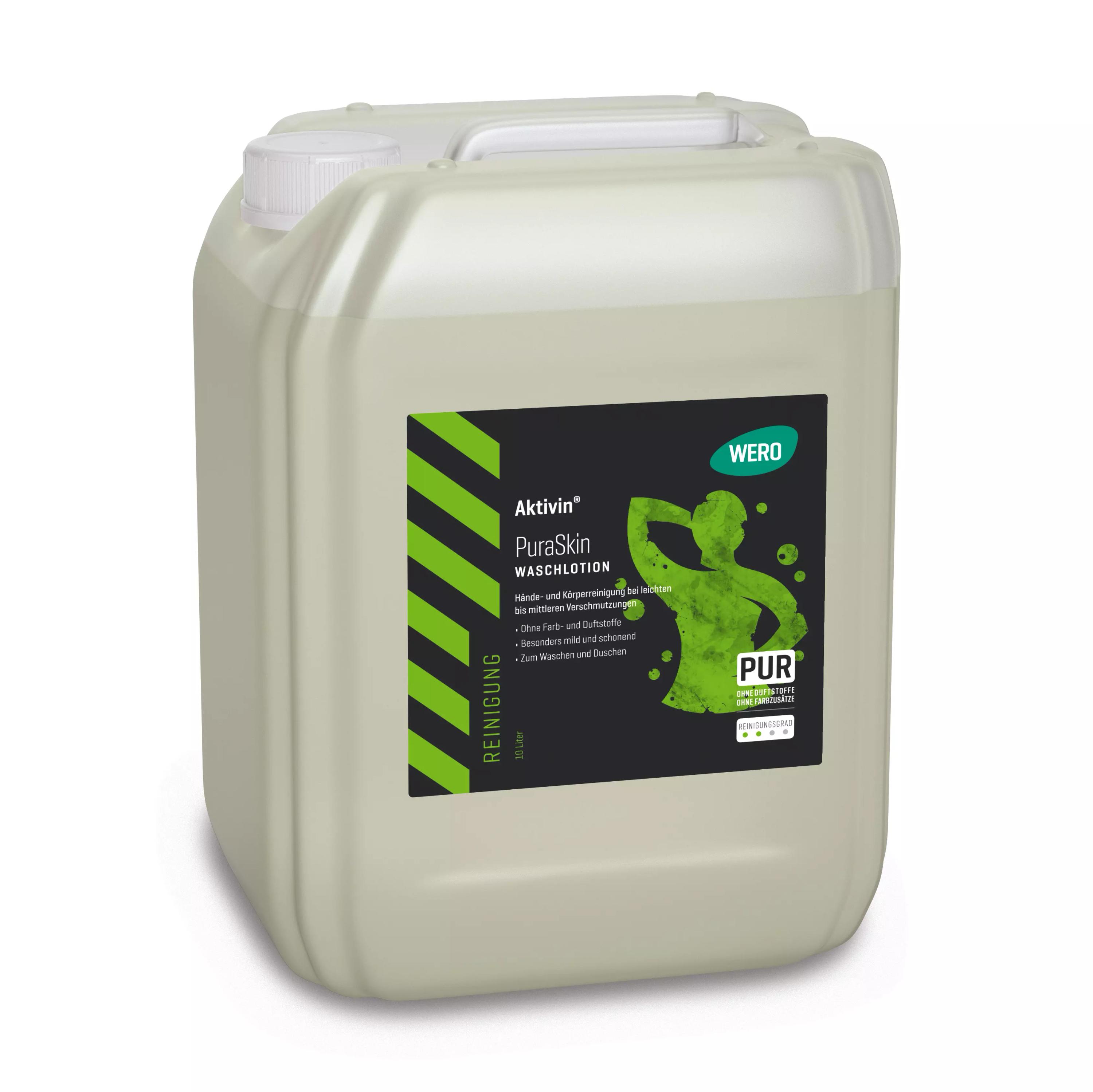 Ein 10-Liter-Kanister Waschlotion Aktivin® PuraSkin mit schwarzem Griff, parfüm- und farbstofffrei, für Hände und Körper.