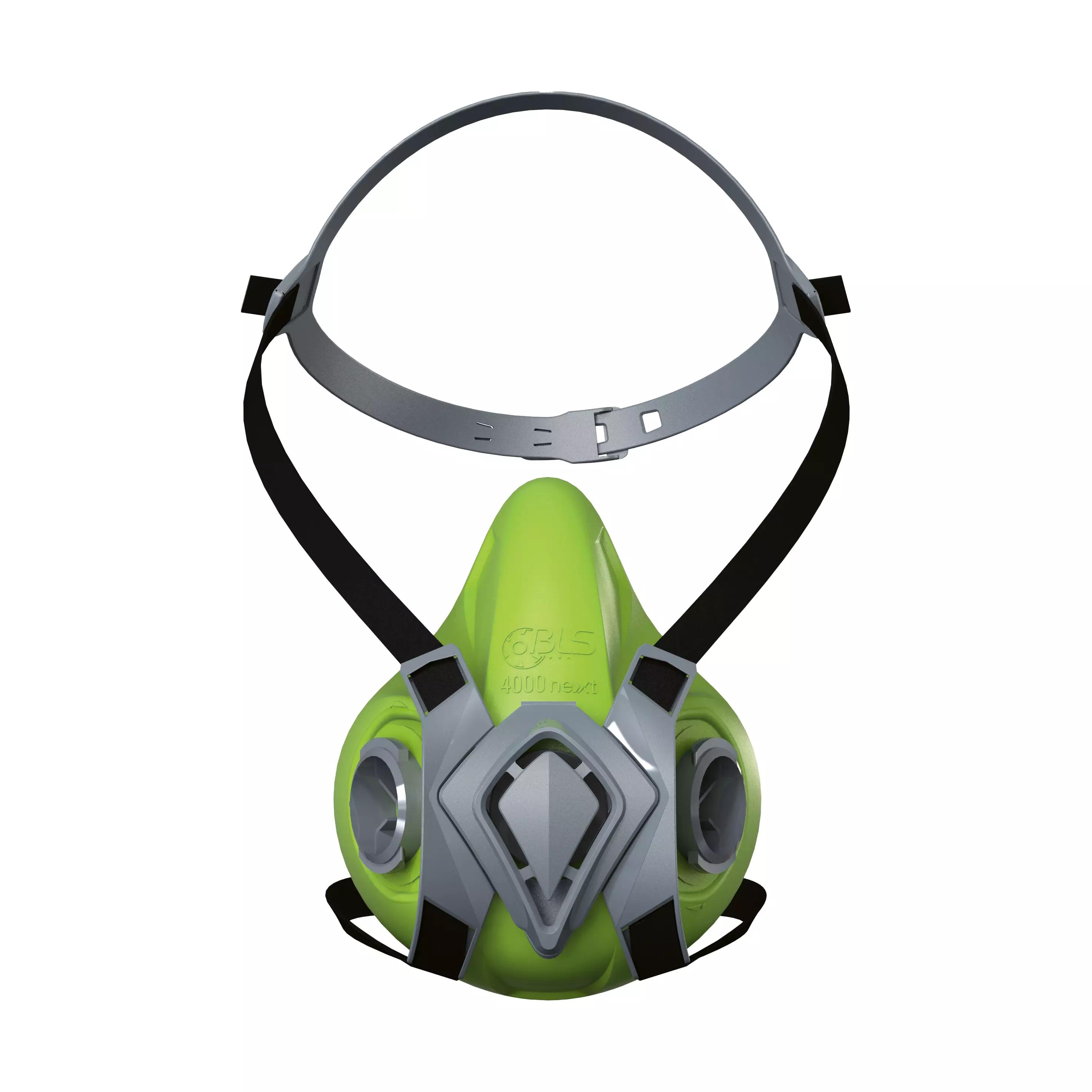 Die BLS Halbmaske 4000S - M/L aus schwarzem und neongrünem Silikongummi mit grauem Diamantmuster und seitlichen Filtern liegt mittig.