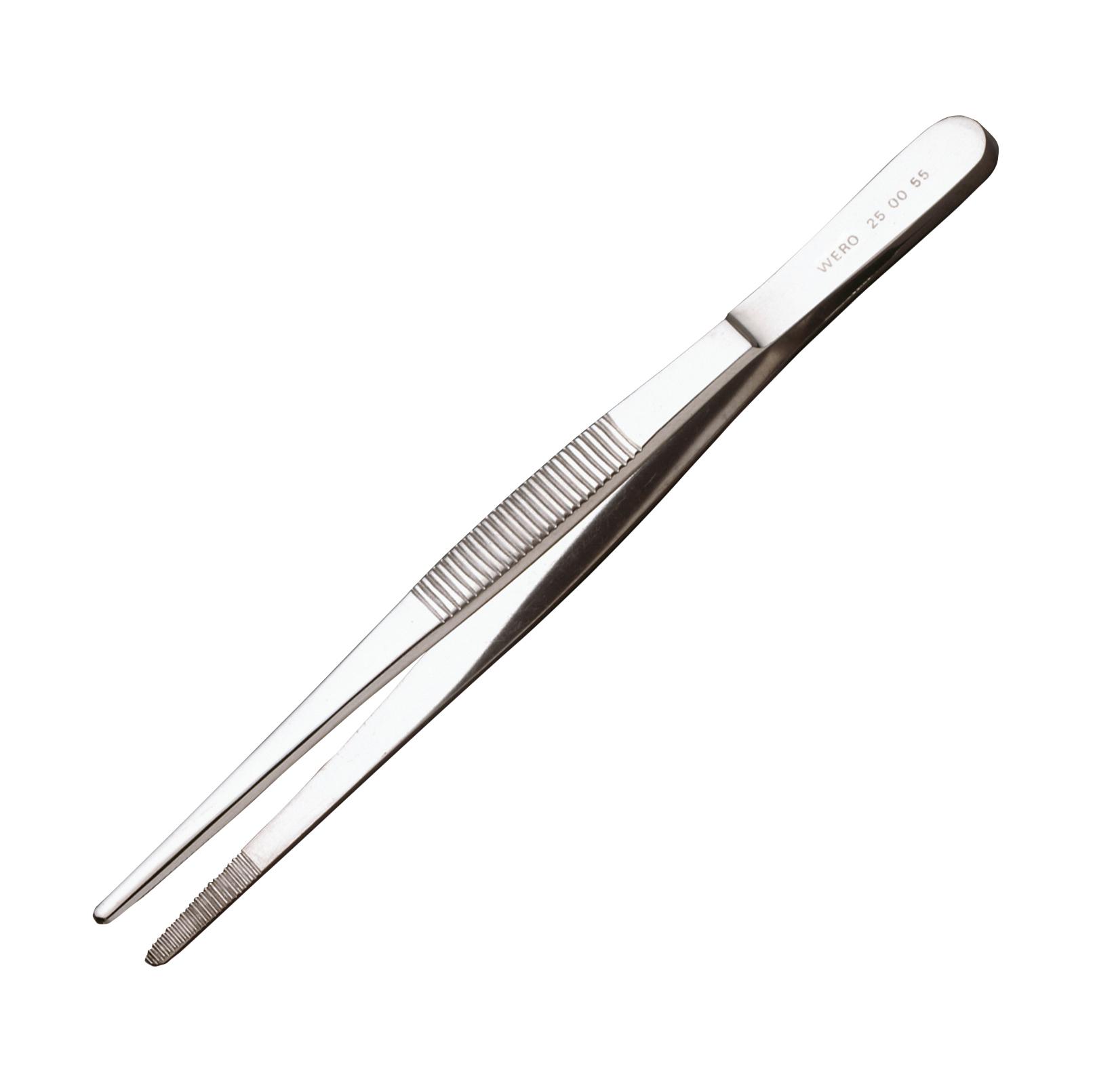 Eine geöffnete silberne WERO Pinzette mit spitzer Spitze.