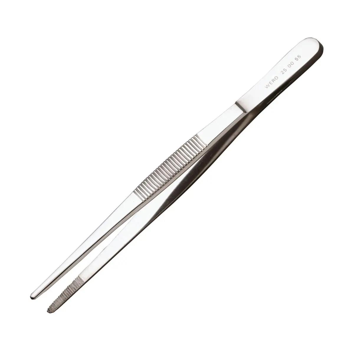 Eine geöffnete silberne WERO Pinzette mit spitzer Spitze.