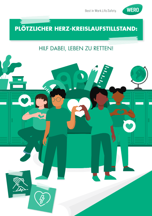 Grünes Poster mit Kindern in grünen Shirts vor Rucksack voller Schulmaterial, zwei halten Herzen, WERO Logo oben rechts, Schulflur im Hintergrund
