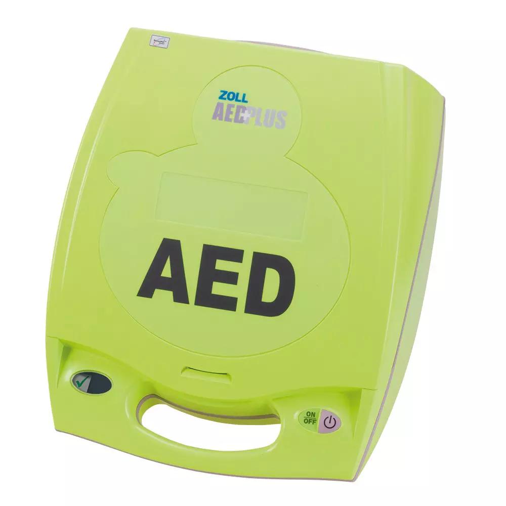 Ein ZOLL AED Plus ohne Zubehör - Halbautomat in leuchtendem Grün mit Tragegriff, zwei Bedienknöpfen und deutlich sichtbarem Markenlogo auf der Vorderseite.