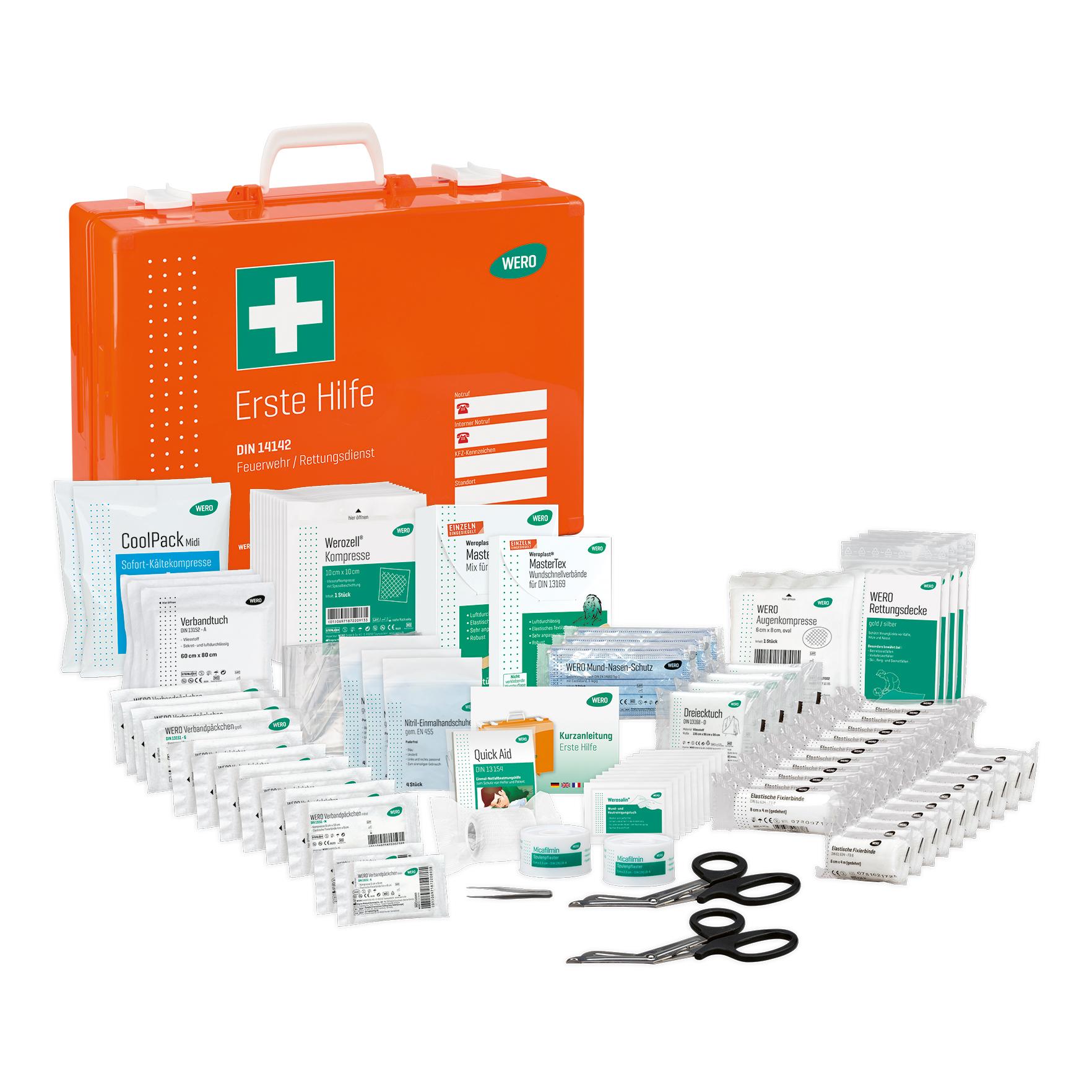 Ein offener Erste Hilfe Koffer Werotop® 450 DIN 14142 zeigt viele medizinische Utensilien, griffige Entnahme und staubdichte Moosgummidichtung.