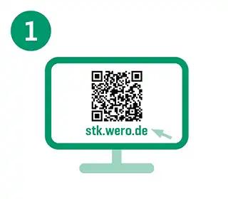 Ein Computerbildschirm mit grünem Rahmen zeigt einen QR-Code mit der URL "stk.wero.de" und einem weißen Kreis mit der Zahl 1 darüber.