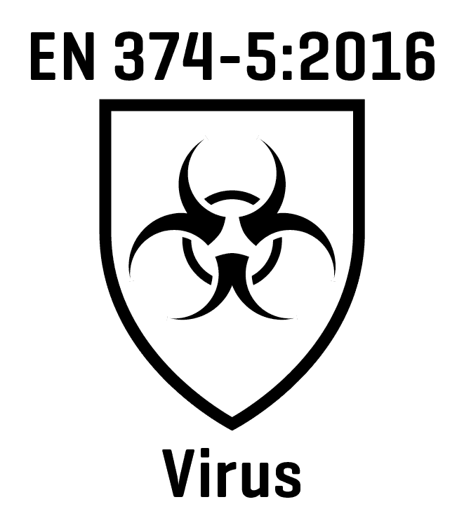 Weißes Schild mit zentral platziertem schwarzen Biohazard-Symbol, bestehend aus drei geschwungenen Linien in Dreiecksform.