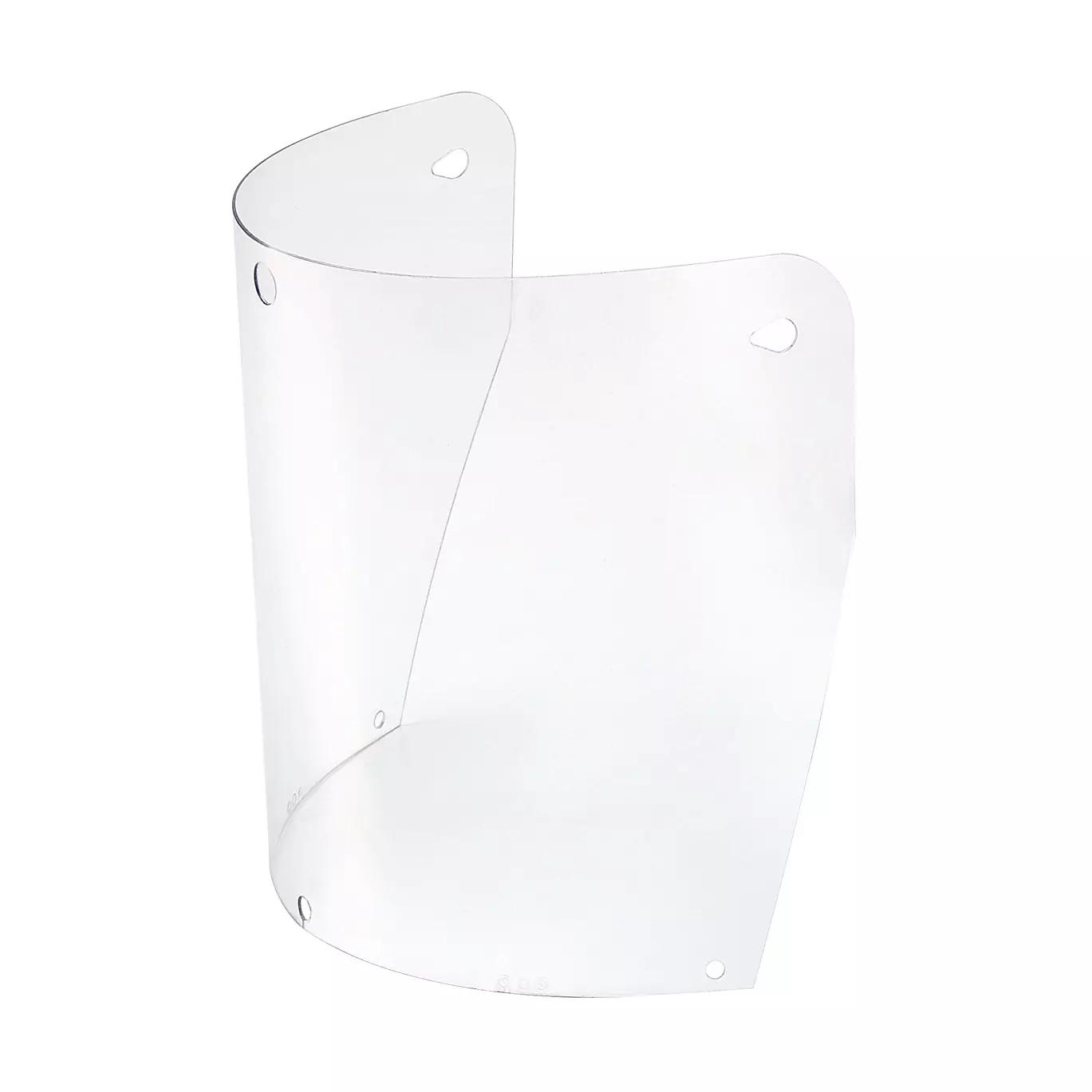 PC-Visier für Clear Protection mit transparenter, gebogener Kunststoffscheibe, weißen Befestigungsfäden und Lochungen zur Helm-Montage.